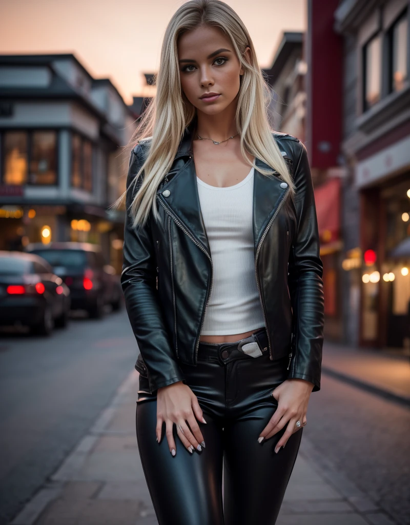 full length, white, Blonde woman standing in Whistler Square ( - Canada), Wearing a green leather jacket outside the thin coat, Clear low-cut vest. She wears matte black leather pants. The woman has a beautiful one, tone,  Body. The image is very real, Very detailed. very high resolution, 8K rendering, at dusk，sunset，horizon red. The city lights are on. The lighting is perfect, The scene is sharp, Extreme realism, image.