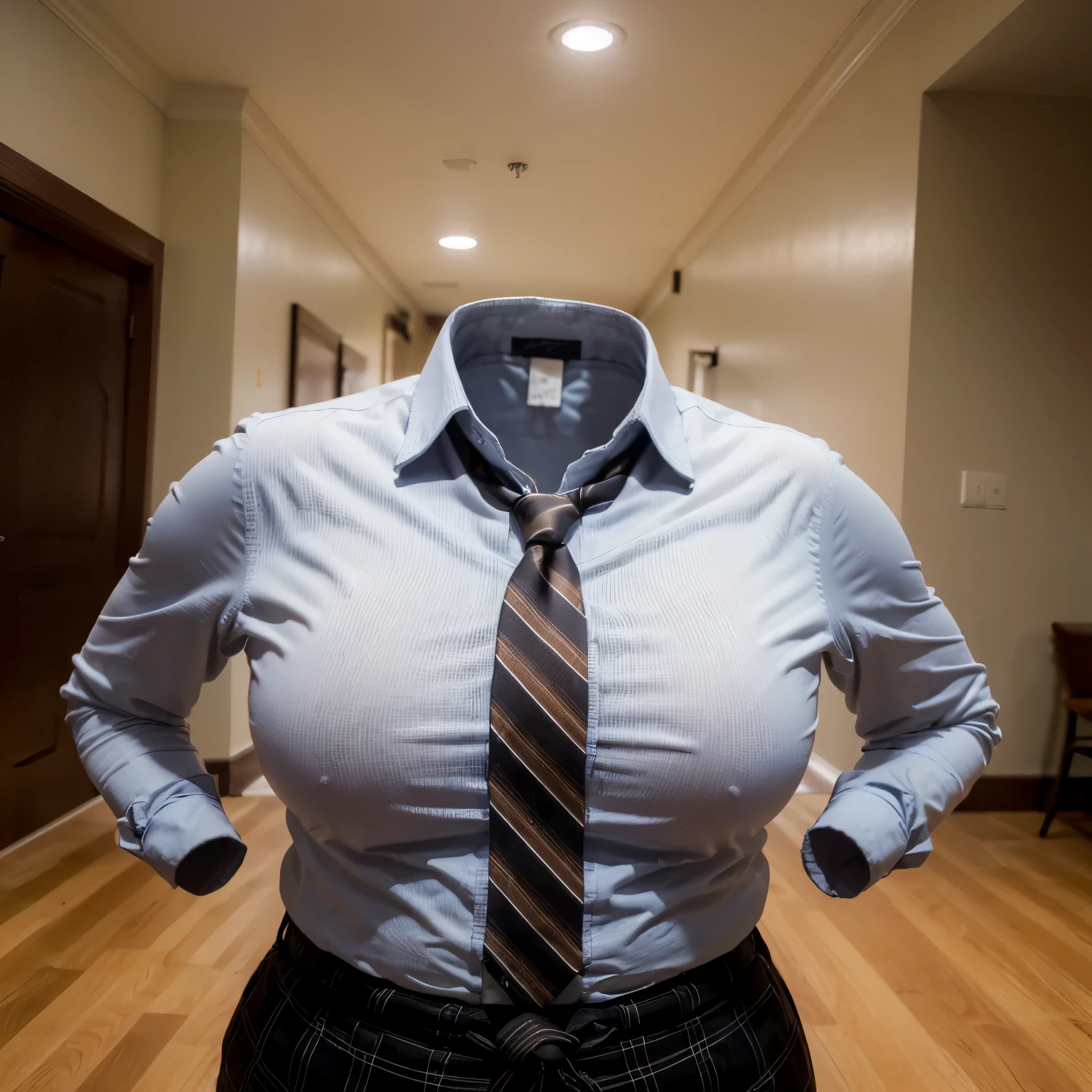 dynamic pose, (invisible, no humans, headless, faceless:1.5), cute , chubby, fat, plaid pants, stripe tie, formal blouse,