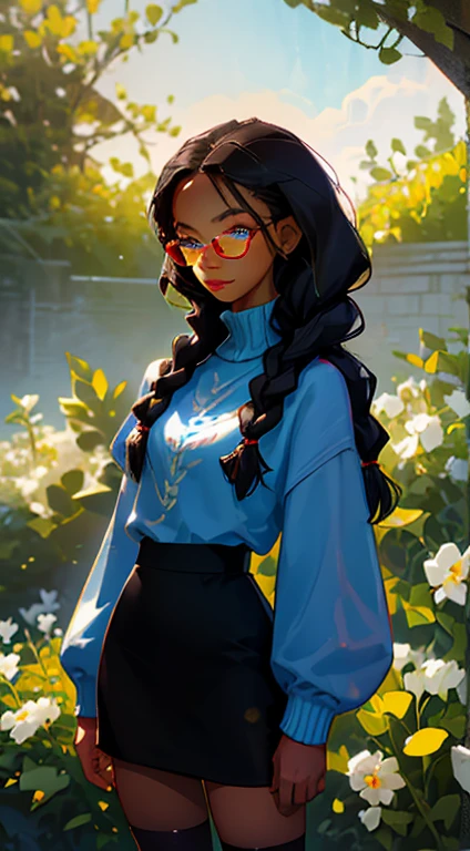 beautiful young woman, 2 long braids, thick bangs, dark hair, a lot of make-up, detailed eyes, detailed hair, detailed face, wearing round glasses, dark skin, portrait. face shot, long head, big nose, big lips, ebony skin, mischievous, blue eyes, wearing light blue jumper, blue plaid skirt, thigh high white socks, black loafers, half body view, slim girl, , standing outside in a garden