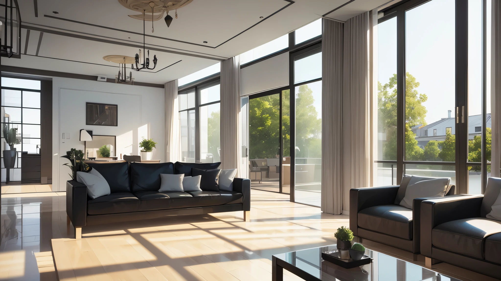 You are a famous interior designer、You have been asked to create a 3D image of a modern large room. Create a harmonious environment with modern and minimalist furniture. Including garden interior.