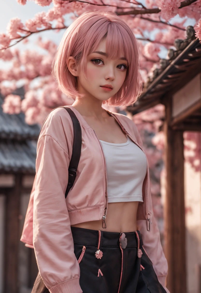 (Hyper realistic, photorealistic:1.37), (illustrated), (detailed lighting), (extremely delicate and beautiful), (Best quality), ultra detailed CG wallpaper in 8k , vibrant color, Professional level, ((bokeh effect)), depth of field, Twilight, sinking sunset, (beautiful Japanese girl:1.3)) ((big breasts:1.2)) ((close up:1.2)) Best quality,masterpiece,ultra-high resolution,(photorealistic:1.4),raw photo,(Genuine leather texture:1.3),(film grain:1.3),panorama,Character portrait,Very wide shot,narrow waist,,( In the dark, deep shadow, Low key, Cold light,) night,(()),tears streaming,,dust,Tyndall Effect,(expression),1 girl,beautiful detailed eyes and face, ((short hair:1.2) )((Light pink hair:1.2)) ((full body:1.3)) ((flat abdomen:1.3)) ((hairstyle bob:1.2)) ((Random sexy pose:1.4)) ((Smile:1.2)) ((closed mouth:1.2)) ((nice lips))high resolution 1.2, (8k, RAW Photo, Best quality, Masterpiece), (realistic, photorealistic: 1.2, full body pose), Ultra detailed, photorealistic koreane girl light pink hair , japanese gyaru portrait, anime girl in real life, beautiful koreane girls face, big eyes, happy, realistic round cyan blue eyes on white background, realistic look, well positioned eyes, short pale pink hair, modern bob hairstile, realistic face, beautiful face , realistic eyelashes, very photorealistic girl, closed mouth, pretty lips, pastel pink skin tone, posing for a photo, realistic eyelashes, very realistic image, soft mouth, completely closed mouth, pretty lips, beautiful lips, realistic anime girl in real life , detailed japanese garden, sakura haruno, female korean idol portrait, photorealistic render of anime girl, realistic body, athletic body:1.3, curvy girl, big chest, sexy girl, nice girl, white t-shirt with rips and studs, graphic prints of punk bands, with t-shirt with manga image, long jeans with worn-out tears, black punk-style jacket with studs and studs, white and pink snackers.