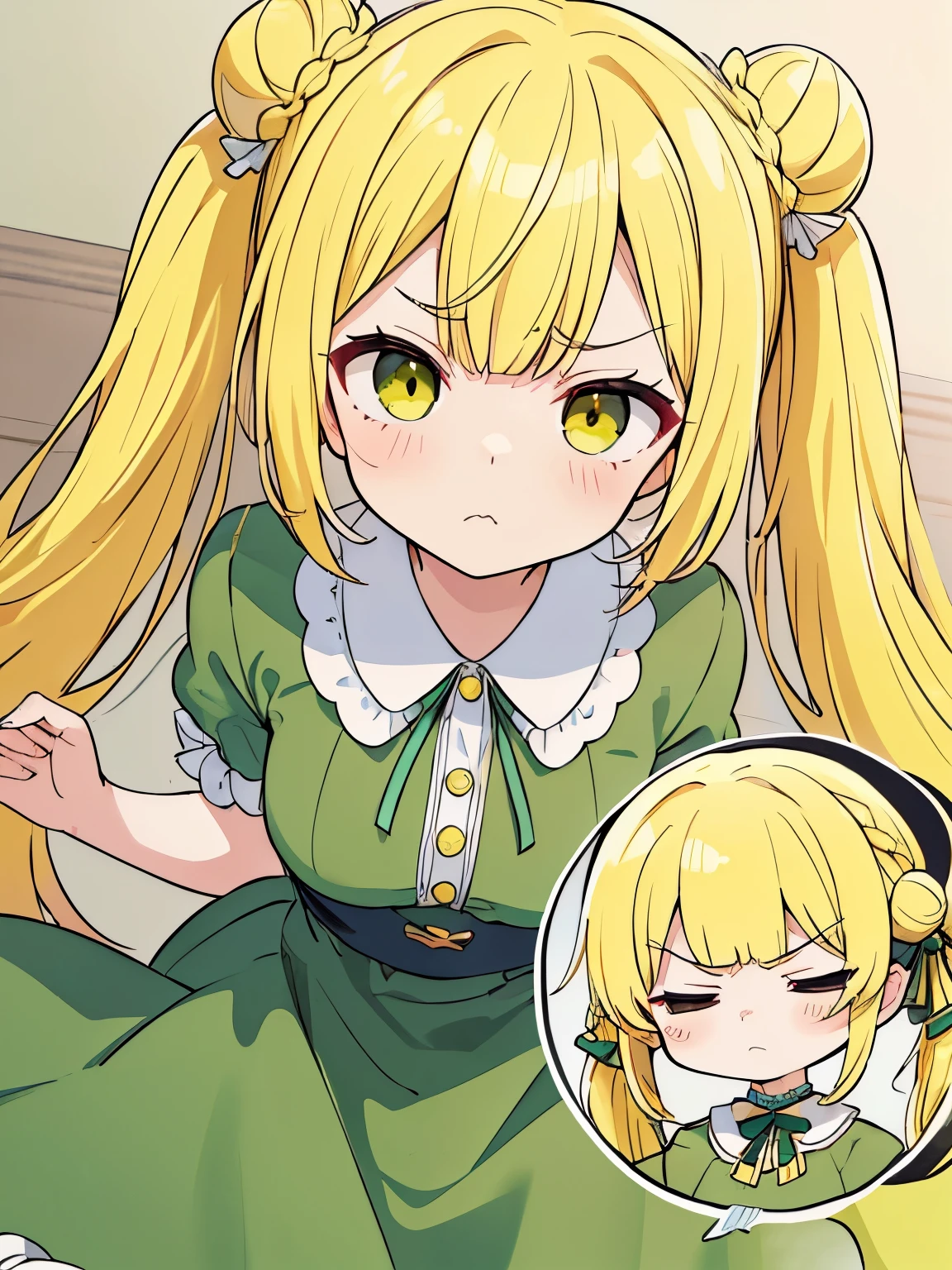 High resolution, (anime style etc..:1.1), ((pieces fly)), ((highest quality)), (Super detailed), (beautiful),cute face、(lift),pretty girl、(((twin tails、bun hair、yellow hair、)))(()Infidelity rotten、grumpy face)((Elegant green dress))