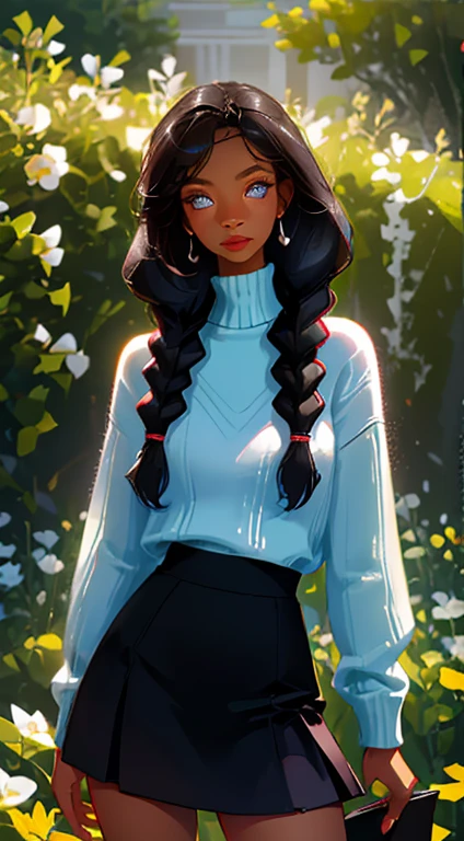 beautiful young woman, 2 long braids, thick bangs, dark hair, a lot of make-up, detailed eyes, detailed hair, detailed face, wearing round glasses, dark skin, portrait. face shot, long head, big nose, big lips, ebony skin, mischievous, blue eyes, wearing light blue jumper, blue plaid skirt, thigh high white socks, black loafers, close up view, slim girl, 16 years old, standing outside in a garden (natural skin textures、Hyper-Realism、Soft light、sharp)