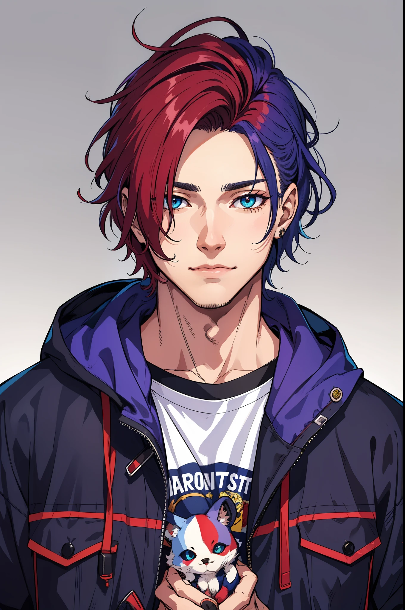 1 menino, FOCO MASCULINO, pale skin, americano, Cabelo longo, cabelo fofo, cabelo em dois tons, cabelo roxo, multicolocabelo vermelho, cabelo vermelho, cabelo azul marinho, jaqueta com capuz, camiseta, retrato, tronco, tatuagens, anarchist vibes, barbeado