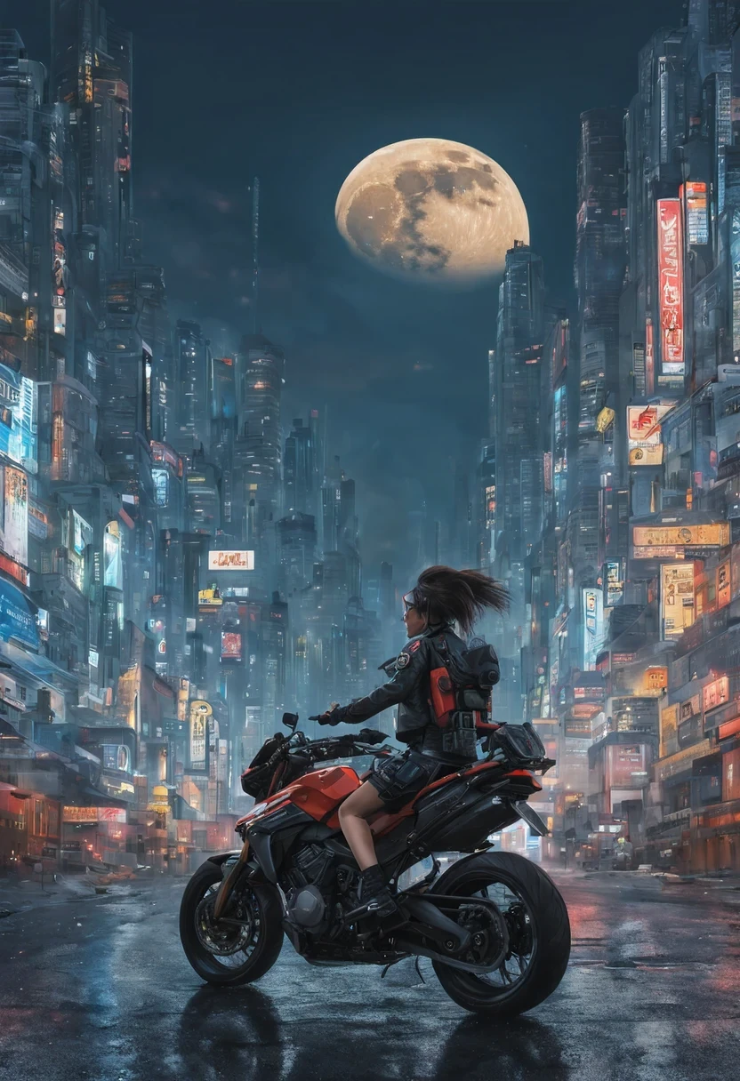 highest quality, masterpiece, Color Anime, 4K, realistic, very detailed, One girl riding a motorcycle, tech wear, cyberpunk city, alone, futuristic, Huge moon in the background, by Katsuhiro Otomo,