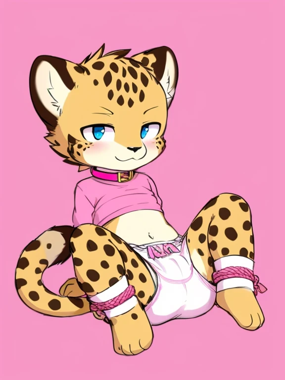 Cheetah cub,wearing a Diaper,Pink ankle ring,Pink bracelet,Pink collar,Pink rope