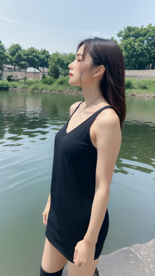 1girl,solo,long hair,breasts,brown hair,black hair,hair ornament,thighhighs,dress,brown eyes,jewelry,closed mouth,flower,earrings,outdoors,sky,sleeveless,hair flower,water,necklace,white dress,blurry,looking to the side,sleeveless dress,blurry background,wading