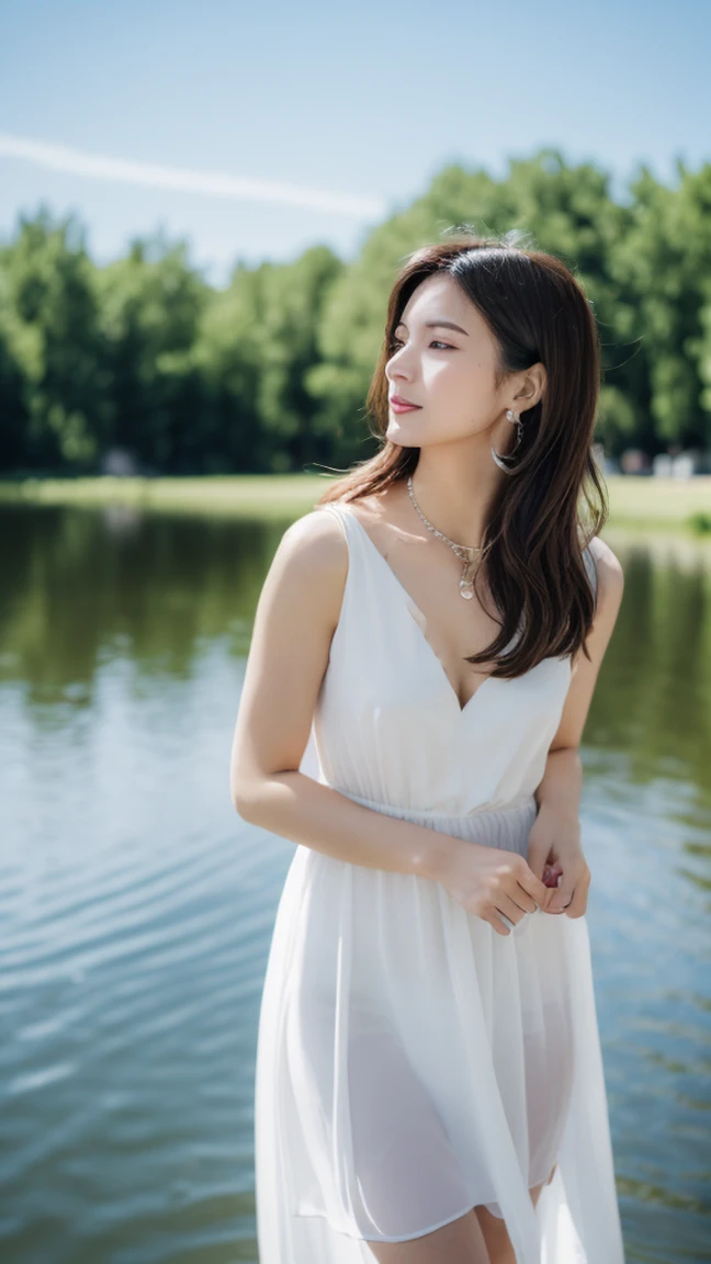 1girl,solo,long hair,breasts,brown hair,black hair,hair ornament,thighhighs,dress,brown eyes,jewelry,closed mouth,flower,earrings,outdoors,sky,sleeveless,hair flower,water,necklace,white dress,blurry,looking to the side,sleeveless dress,blurry background,wading