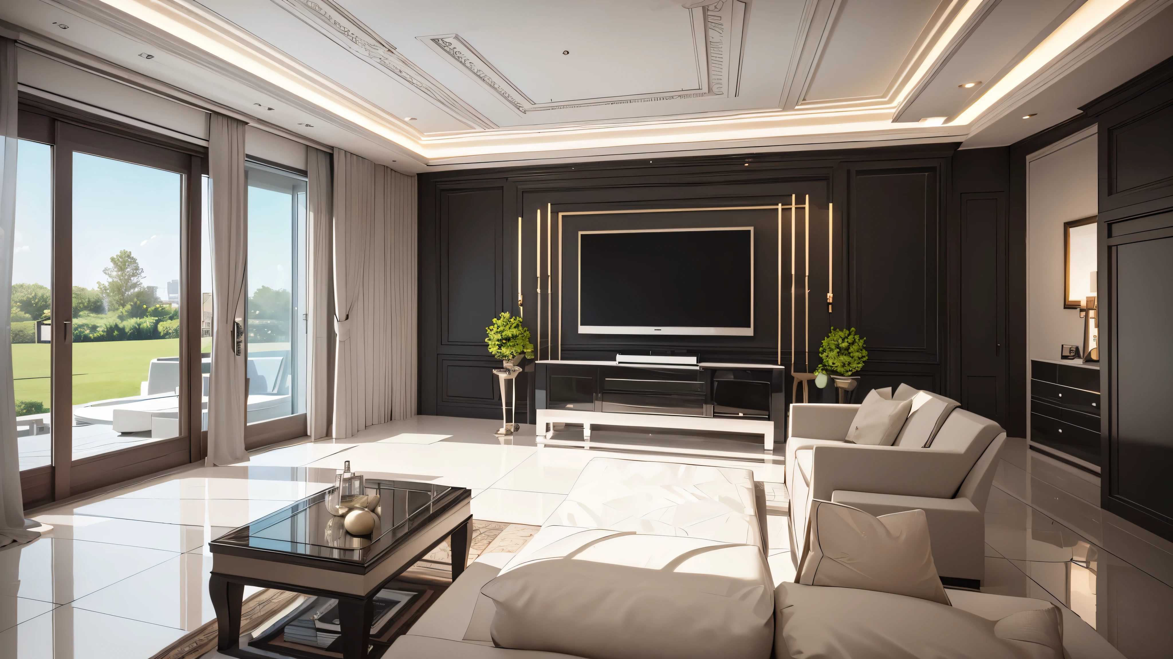 You are a famous interior designer、You have been asked to create a 3D image of a modern large room. Create a harmonious environment with modern and minimalist furniture. Including garden interior.