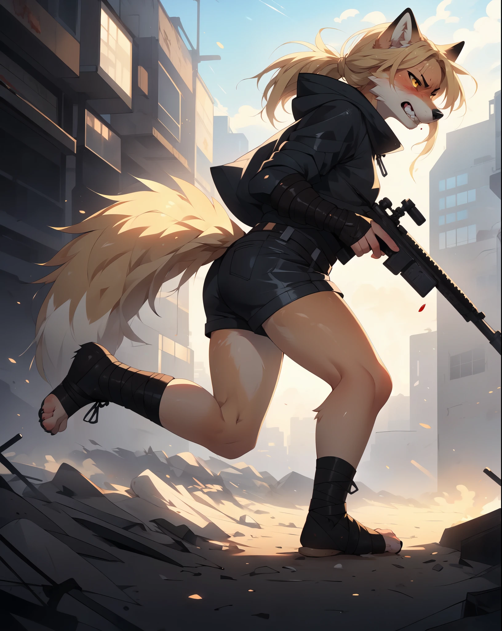 By fumiko, by hyattlen, by hioshiru, solo, tan fox girl, blonde hair, yellow eyes, cute snout, black nose, blonde fox tail, wearing brown cloak, leather armor top, leather short shorts, foot wraps, leather gauntlets, exposed fingers, feet wrapped in bandages, exposed toes, holding a sniper rifle with both hands BREAK in a post apocalyptic world, bullets whizzing past her, wide open scene, foggy, furrowed eyebrows, gritting teeth, angry, blood covering her face, injured, running, side view