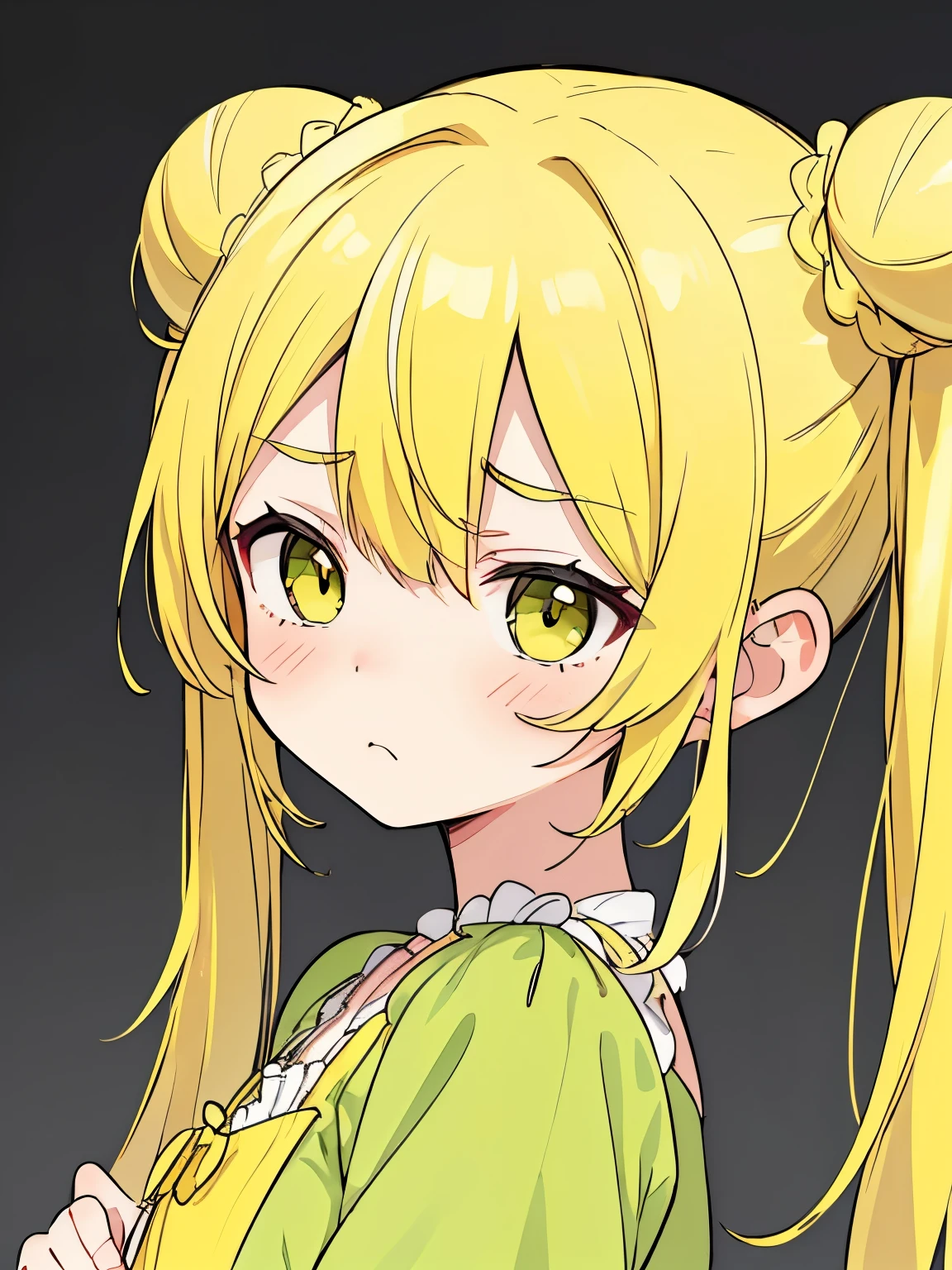 High resolution, (anime style etc..:1.1), ((pieces fly)), ((highest quality)), (Super detailed), (beautiful),cute face、(lift),pretty girl、(((twin tails、bun hair、yellow hair、)))(()Infidelity rotten、grumpy face)((Elegant green dress))