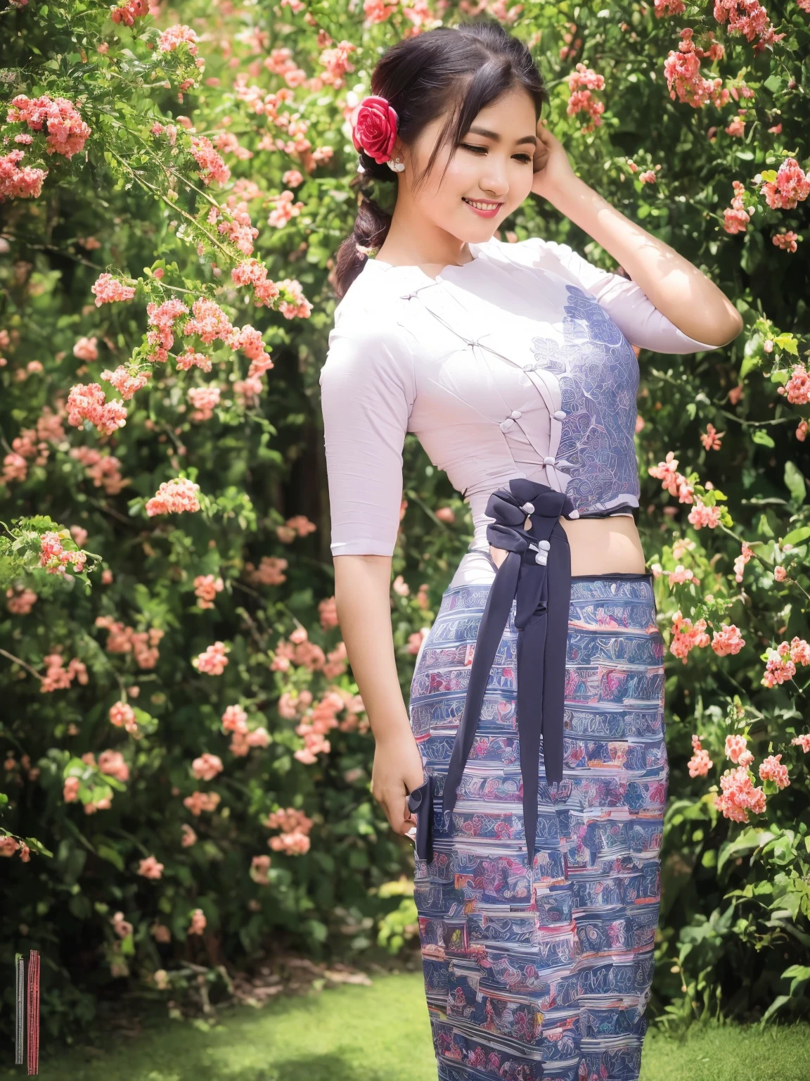 (best quality,4k,8k,highres,masterpiece:1.2),ultra-detailed,(realistic,photorealistic,photo-realistic:1.37),portrait,stunning Burmese patterned traditional dress lady,beautifully adorned,eye-catching brocade patterns,rich and vibrant colors,detailed embroidery work,exquisite textures,meticulously handcrafted dress,vividly captures the essence of Burmese culture,traditional floral motifs,graceful silhouette,fine folds and pleats,accentuates the lady's elegance,black single bun hair with flower,intricately arranged hairpiece,delicate and feminine,adds a touch of sophistication,soft yet confident expression, good and big breast, good big ass, deep and captivating eyes,lustrous lips with a hint of a smile,flawless complexion,golden accessories,polished and refined,mesmerizing presence,subtle lighting,dramatic shadows,showcases the lady's grace and beauty,immersive visual experience, acmm thanaka apply on face, acmm thanaka makeup,