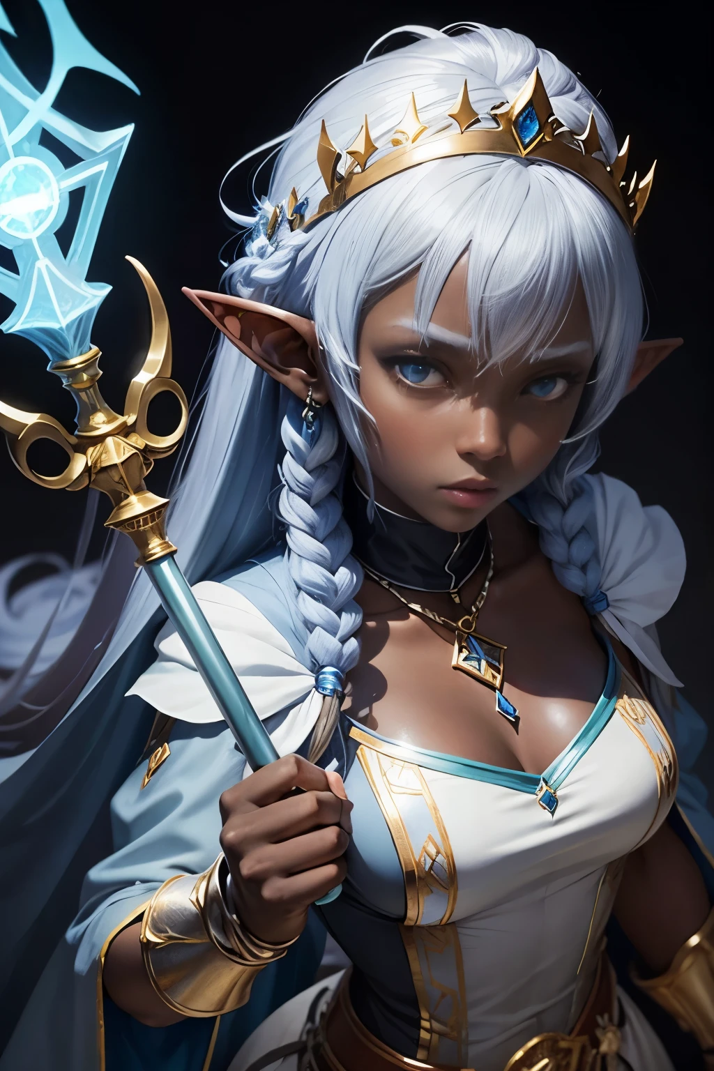 female RPG character, formidable cleric, dark skin, tapered black afro female hair, small eyes, elf, silver tiara with a shining blue stone in the center, holding a magical healing scepter, priest outfit, light outfit with pastel tones in blue, adorning a gold chain around his neck,