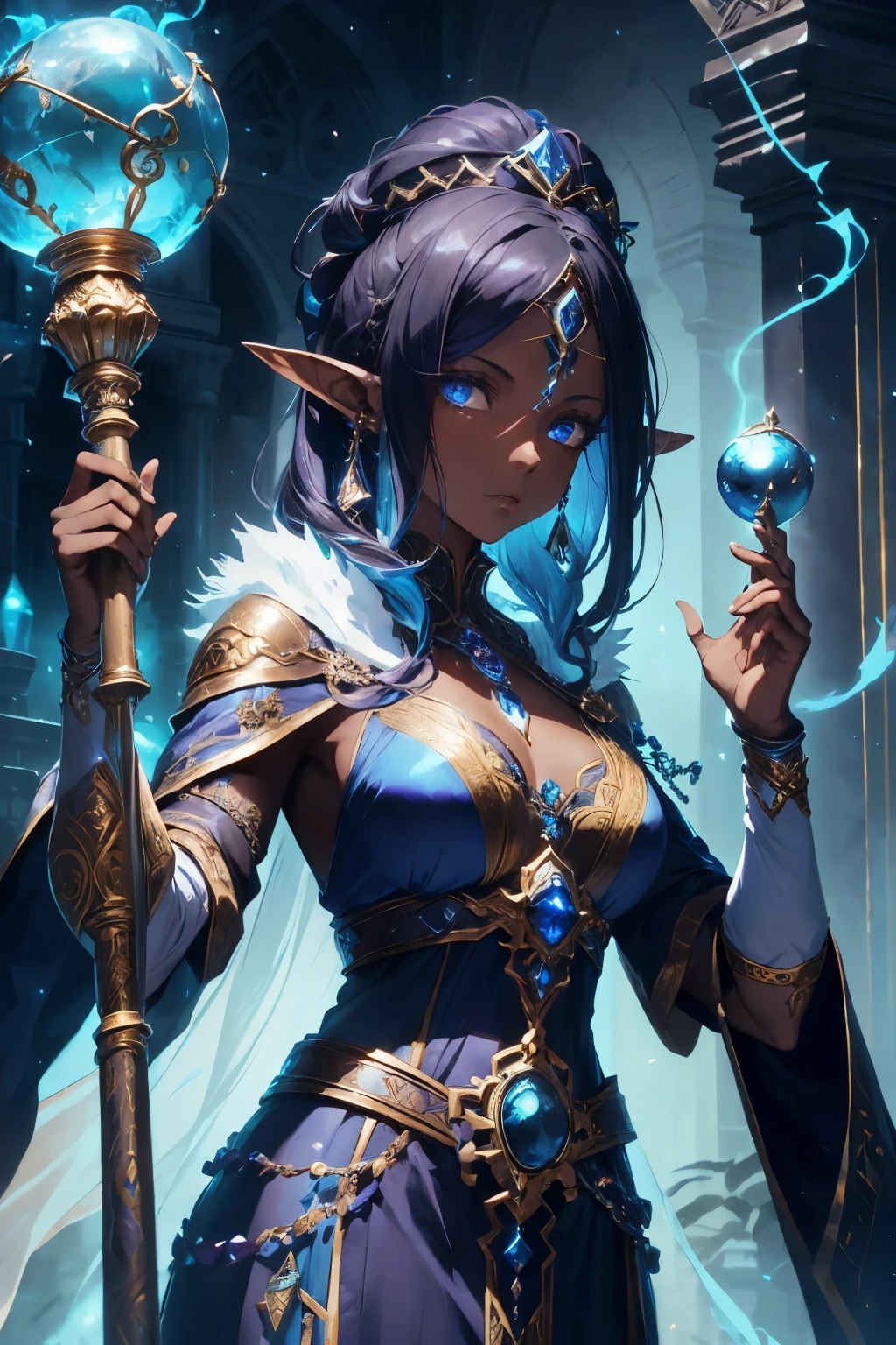 In the fantastical realm of the role-playing game, an awe-inspiring female character emerges. She is a formidable cleric, her dark skin radiating strength and resilience. Her tapered black afro hair frames her face, accentuating her small, determined eyes. As an elf, she possesses an ethereal grace that is only heightened by the silver tiara she wears, adorned with a mesmerizing blue stone at its center. In her hands, she holds a magnificent scepter, pulsating with the power of healing magic. Her priest outfit, a light ensemble, is adorned with pastel shades of blue, symbolizing her connection to the divine. Completing her ensemble is a delicate gold chain, gracing her neck as a symbol of her unw