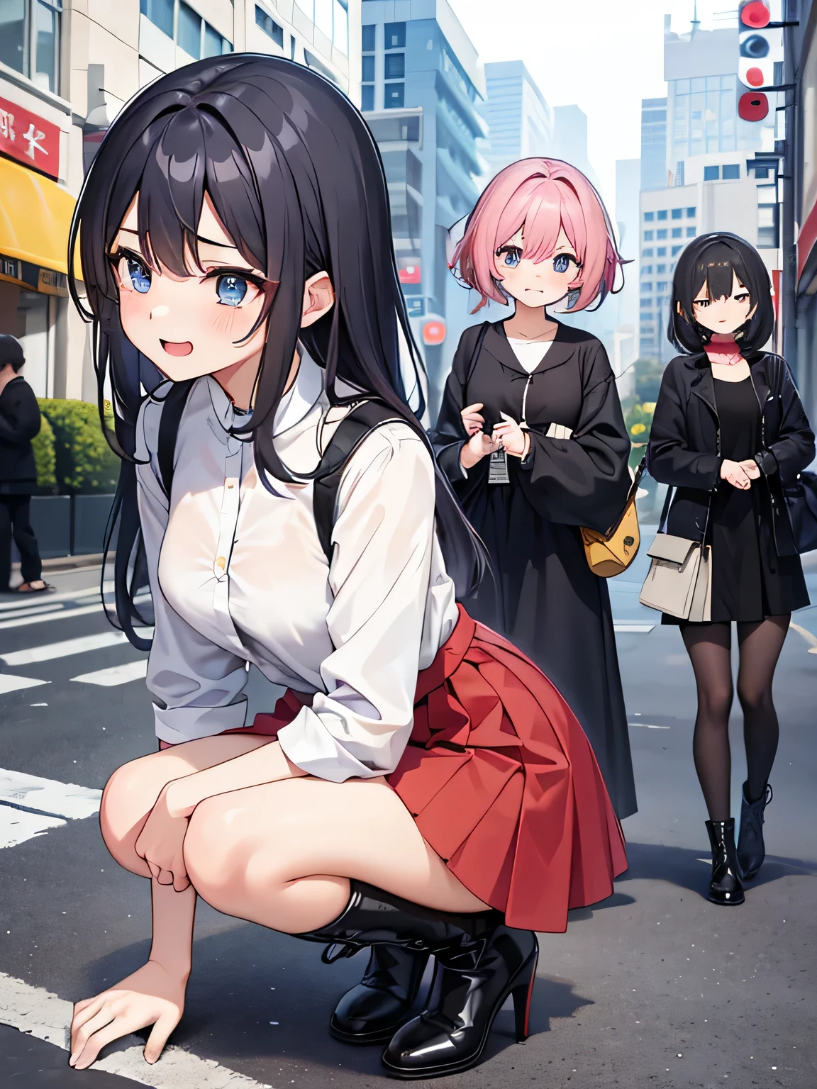 1,1 male、There are two women。
2,two women are arguing。
3,one woman was cute, Wearing a miniskirt and long boots.、Are crying。
4,a certain woman was beautiful, wearing a long dress and high heels.、Smile。
5,1 maleは普段着で、with messy hair、arbitration of arguments。
6,The location is in the city during the day.。