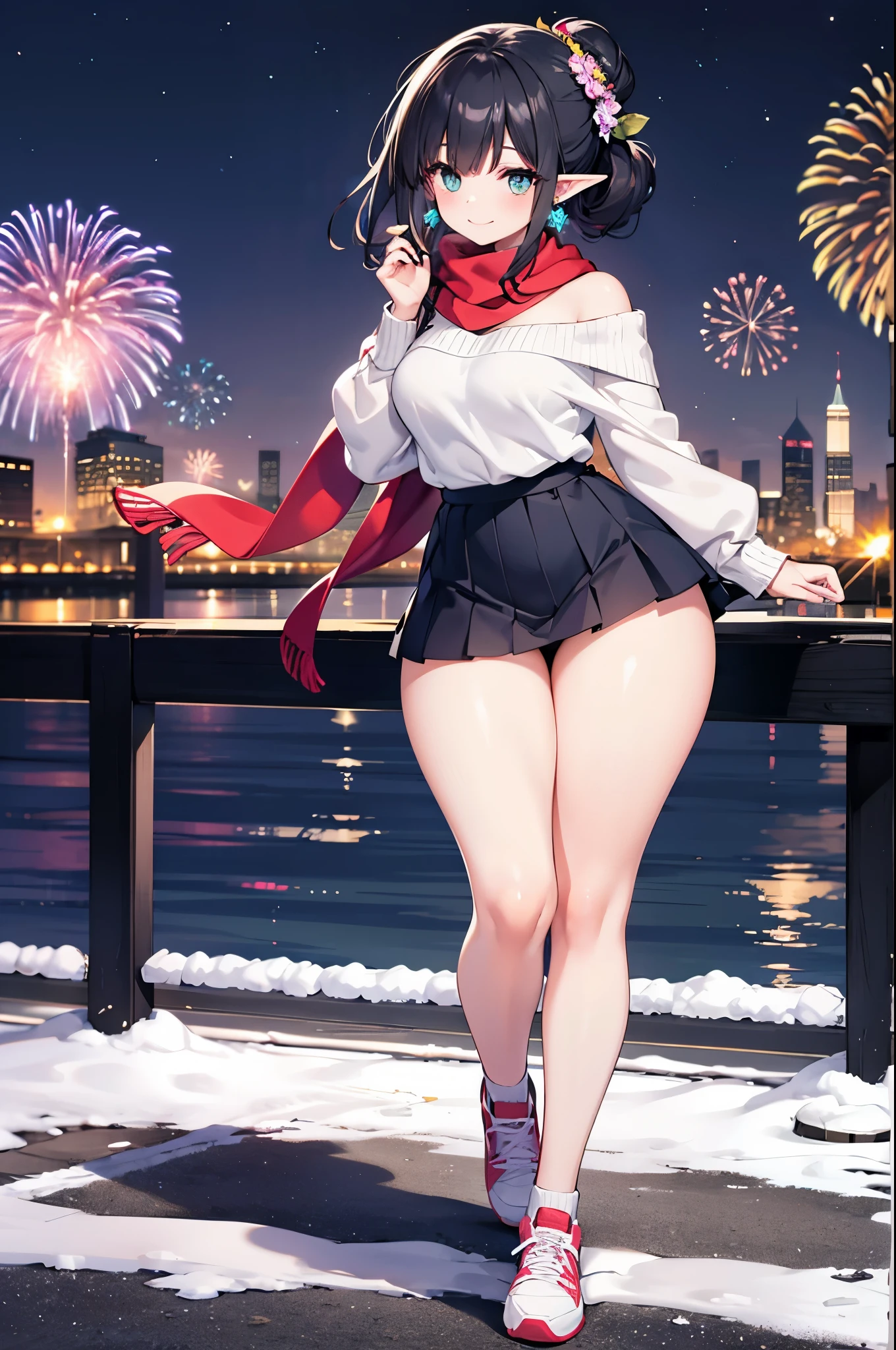Detailed image, coherent image, high quality image, 1 elf, hair up with flower decorations, black hair.Turquoise eyes, long eyelashes, Earrings, smiling, wearing an off-shoulder sweater, with a scarf, pleated mini skirt, stockings to mid-thigh with light. Sneakers, curvy body, medium chest, thick thighs, round buttocks. At night, surrounded by snowflakes, fireworks. Full body view, natural lighting,round ass