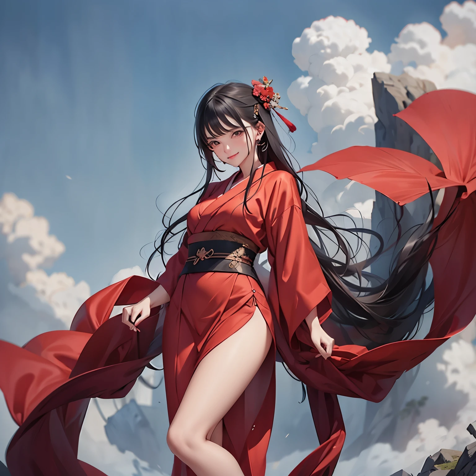 woman wearing a red kimono　stand　　view sky　