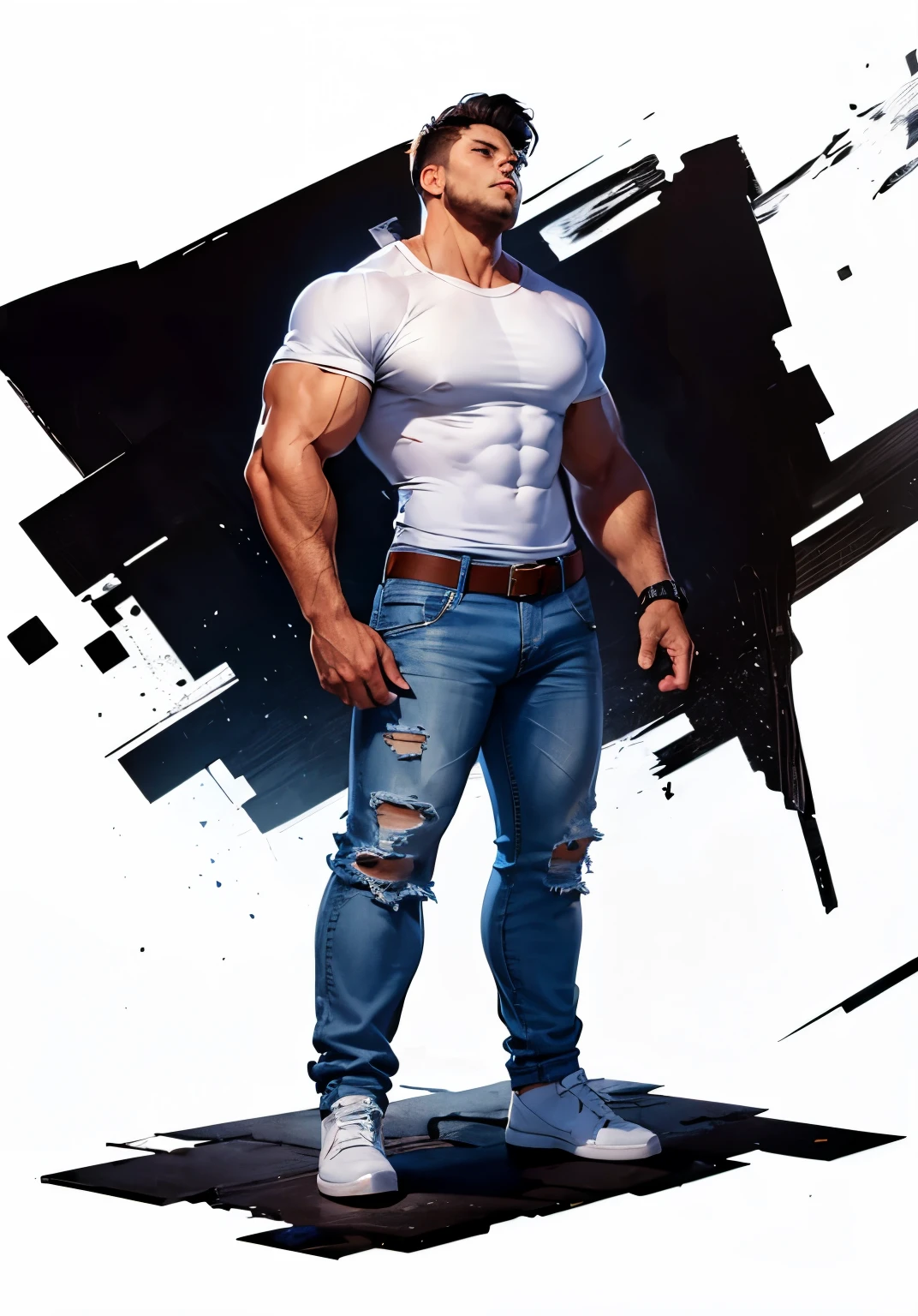 Half black-white humanoid, male, muscular, wearing shirt, jeans, and shoes, standing, white void background