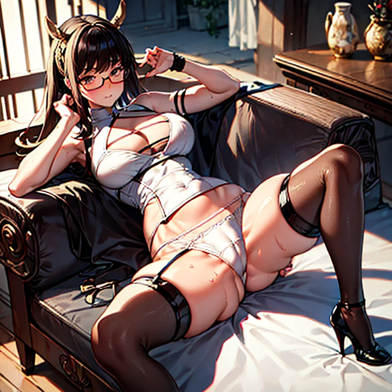 realistic, photorealistic, colorful, great lighting, ultra-detailed, dynamic angle, masterpiece,1lady, perfect face, (bright lighting:1.2),beautiful detailed eyes, extremely detailed face, perfect lighting,masterpiece, best quality,beautiful black short hair, room, sunset, straddle a chair, darkbrown Chinese dress, (White bra), ((White panties, cameltoe)) ,high-heeled shoes, stockings, glasses, ribbon, sweaty, wet body, thighs out, buttocks, large breast, slim, slender, translucent, Embarrassed expression, blush,