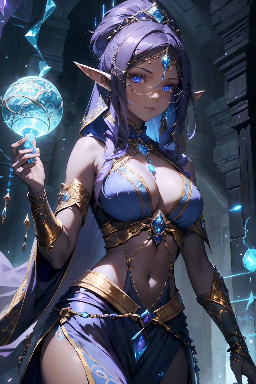 In the fantastical realm of the role-playing game, an awe-inspiring female character emerges. She is a formidable cleric, her dark skin radiating strength and resilience. Her tapered black afro hair frames her face, accentuating her small, determined eyes. As an elf, she possesses an ethereal grace that is only heightened by the silver tiara she wears, adorned with a mesmerizing blue stone at its center. In her hands, she holds a magnificent scepter, pulsating with the power of healing magic. Her priest outfit, a light ensemble, is adorned with pastel shades of blue, symbolizing her connection to the divine. Completing her ensemble is a delicate gold chain, gracing her neck as a symbol of her unw