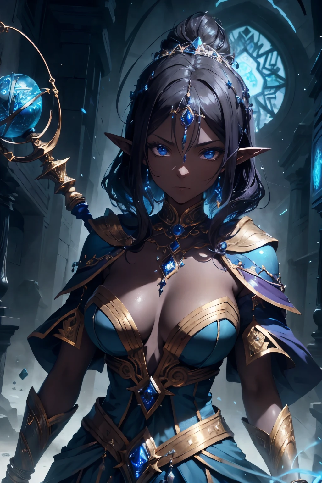 In the fantastical realm of the role-playing game, an awe-inspiring female character emerges. She is a formidable cleric, her dark skin radiating strength and resilience. Her tapered black afro hair frames her face, accentuating her small, determined eyes. As an elf, she possesses an ethereal grace that is only heightened by the silver tiara she wears, adorned with a mesmerizing blue stone at its center. In her hands, she holds a magnificent scepter, pulsating with the power of healing magic. Her priest outfit, a light ensemble, is adorned with pastel shades of blue, symbolizing her connection to the divine. Completing her ensemble is a delicate gold chain, gracing her neck as a symbol of her unw