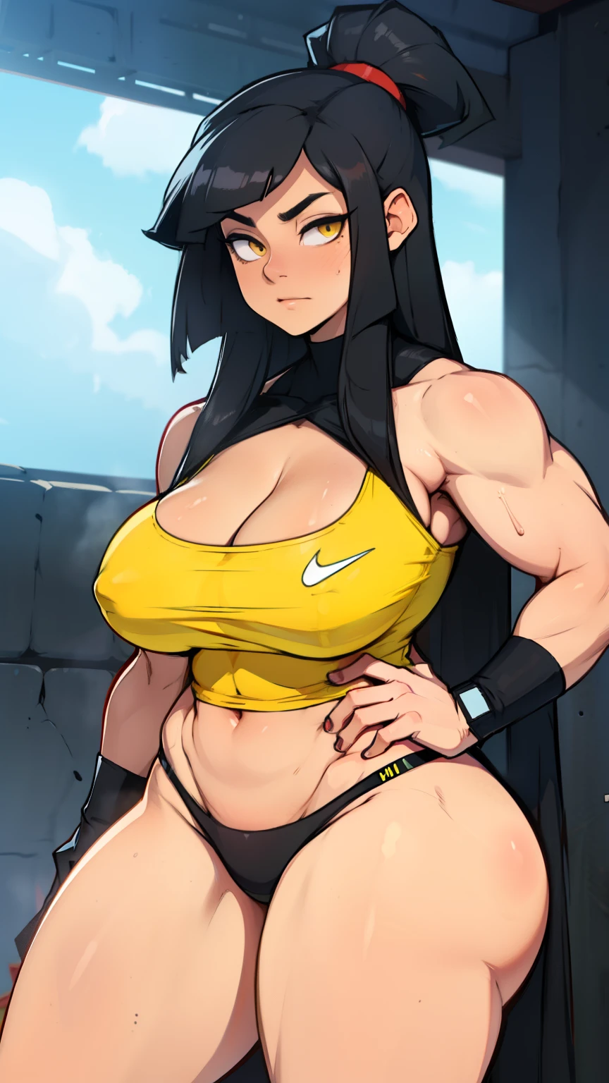 muscular girl breasts thick black hair yellow eyes pale sad