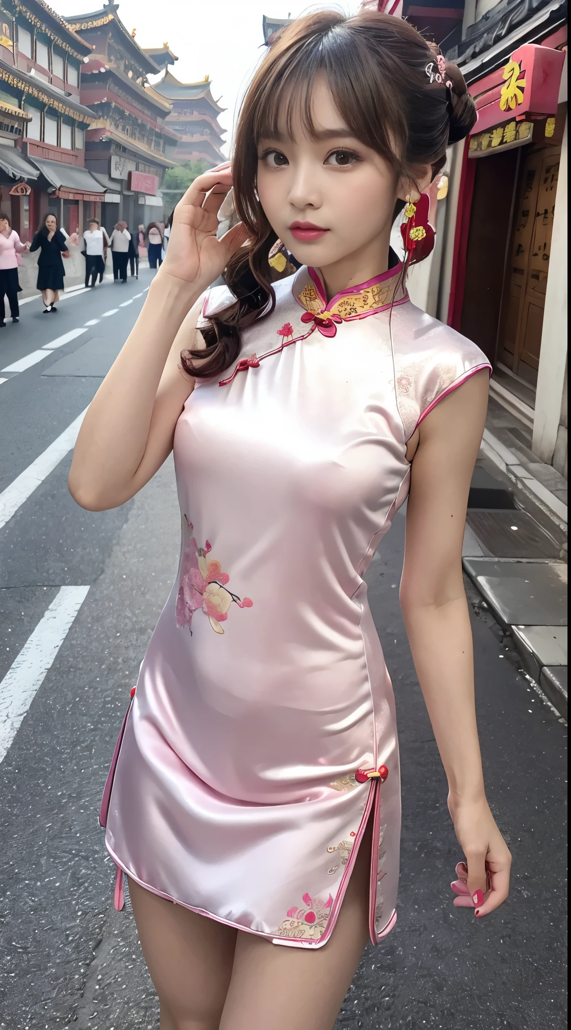 hight resolution、high-level image quality、8K、Real live-action、masutepiece、Walking、Model walking、catwalk、One beautiful young woman、(Soft Saturation:1.3)、(light skinned:1.2)、wearing white outfit、85mm lens、F / 8.0、Background Gal、brown haired、huge-breasted、(China Street:1.3)、1girl in、18year old、(Super Mini Cheongsam:1.5)、Side Tie Peak、(Pink cheongsam:1.5)、Beautiful lace material、Beautiful embroidery、Double pan and long twin tails、A dark-haired、