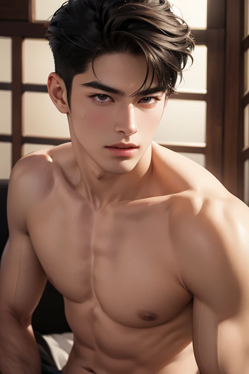 ((High quality)), ((masterpiece)), ((highly detailed)), perfect face, realistic, ((man)), ((Asian)), full body, young, 20 years old, black hair, comma hair cut style, ((handsome)), detailed eyes, beautiful detailed nose, realistic body, realistic light, comfortable expressions, cute guy, sweat guy, cool guy, young, muscular body, sexy, hot, shirtless, topples , nude, naked