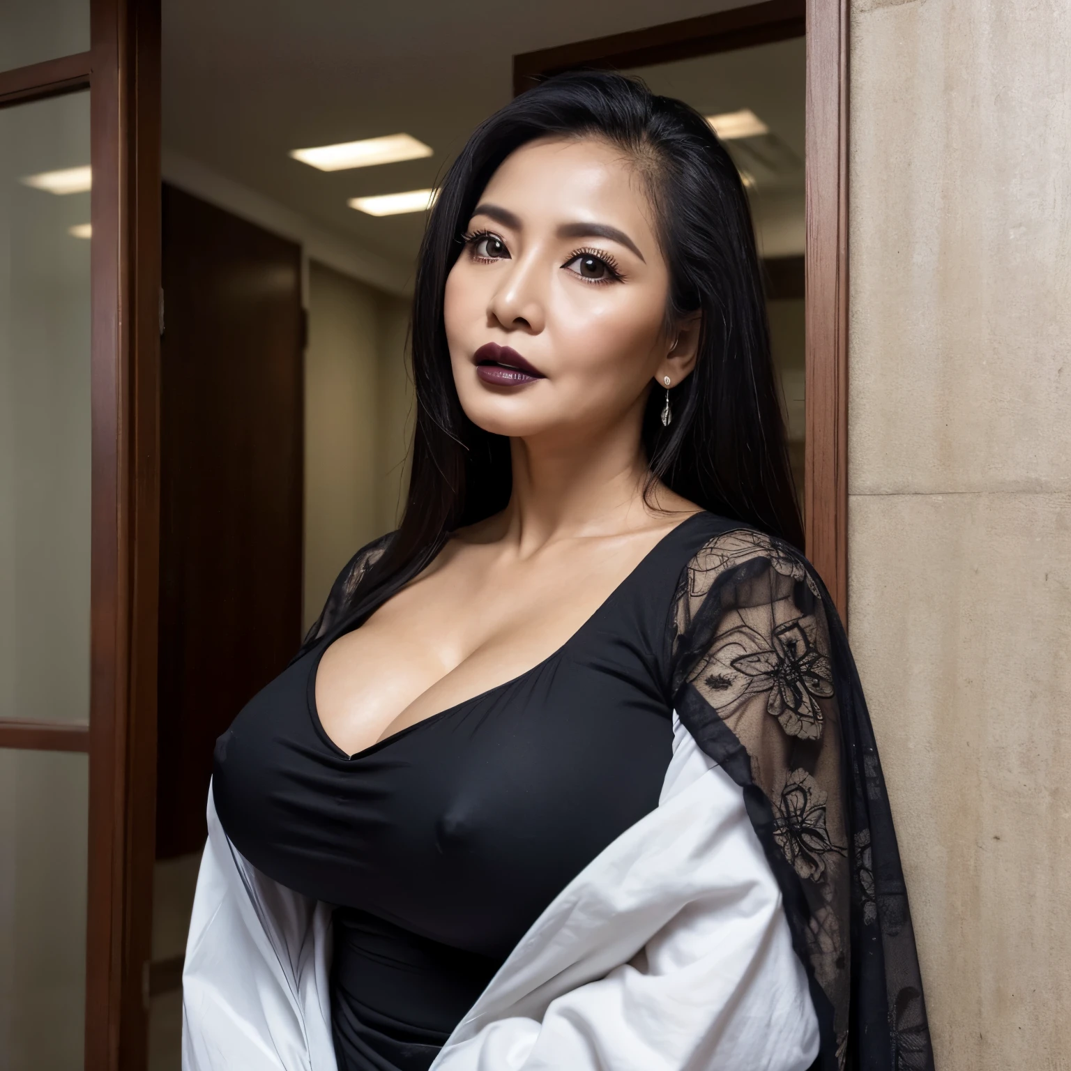 56 years Old, Indonesian mature woman, Sugar granny, (Sensual black Lipstick), (Largest Tits : 1.2), Gamis, breast about To burst out from her clothes, at doctor office, high light, at Daytime.