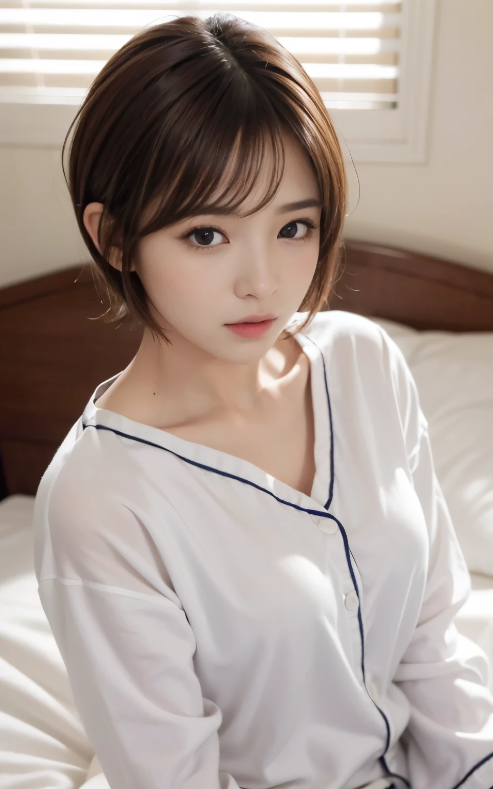 cute 21 year old japanese、super detail face、pay attention to details、double eyelid、beautiful thin nose、sharp focus:1.2、Beautiful woman:1.4、(light brown hair,short cut hair, white skin、highest quality、bright、masterpiece、ultra high resolution、(realistic:1.4)、Bedroom、on the bed、Warm pajamas、Sleepy face、Show the whole body、