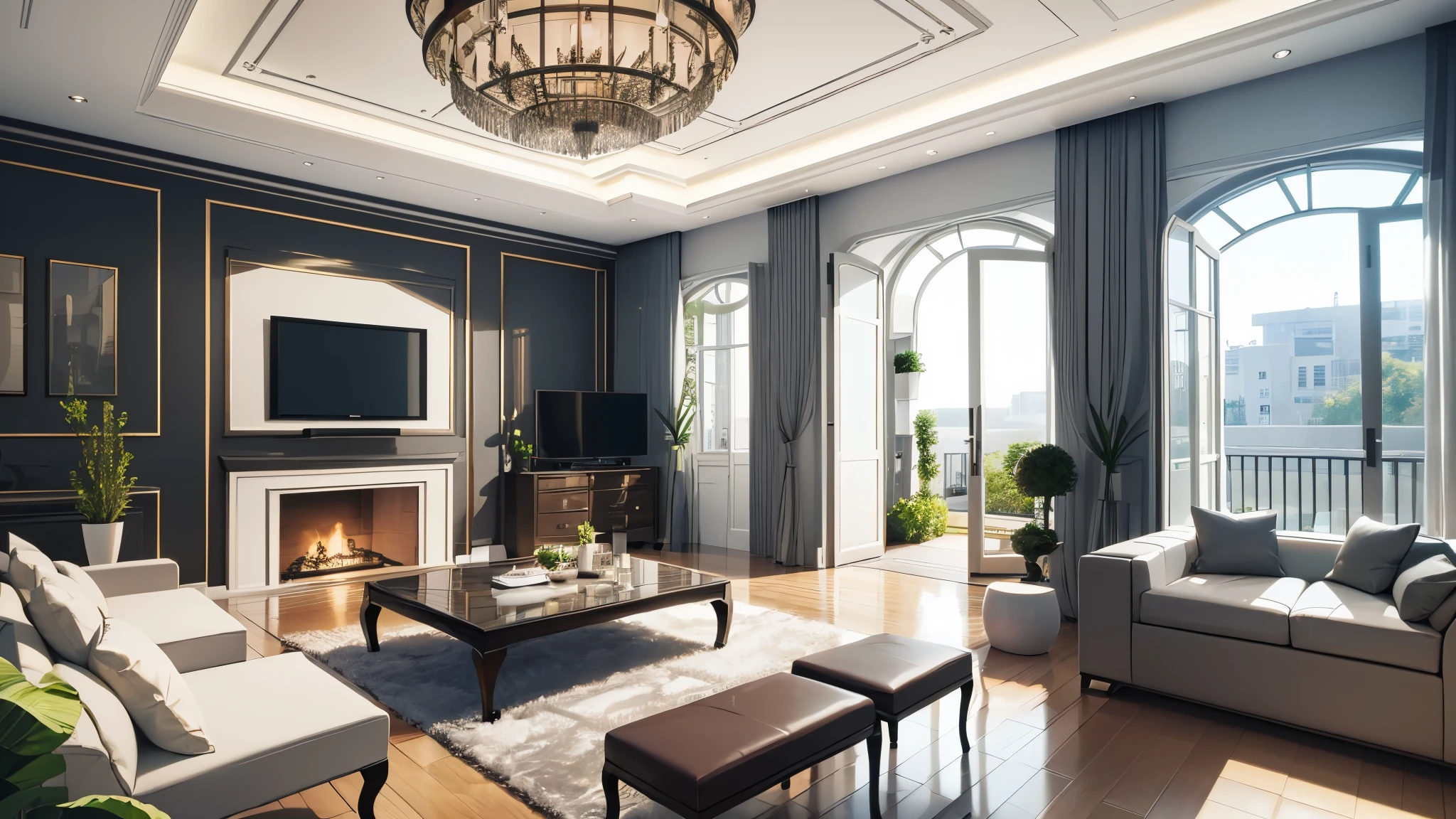 You are a famous interior designer、You have been asked to create a 3D image of a modern large room. Create a harmonious environment with modern and minimalist furniture. Including garden interior.