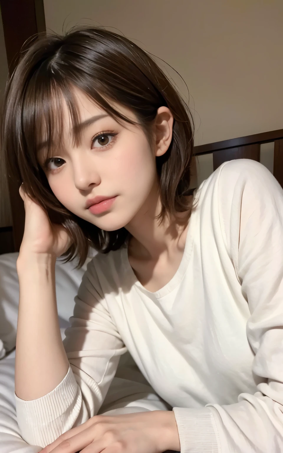 cute 21 year old japanese、super detail face、pay attention to details、double eyelid、beautiful thin nose、sharp focus:1.2、Beautiful woman:1.4、(light brown hair,short cut hair, white skin、highest quality、bright、masterpiece、ultra high resolution、(realistic:1.4)、Bedroom、on the bed、Warm pajamas、Sleepy face、Show the whole body、