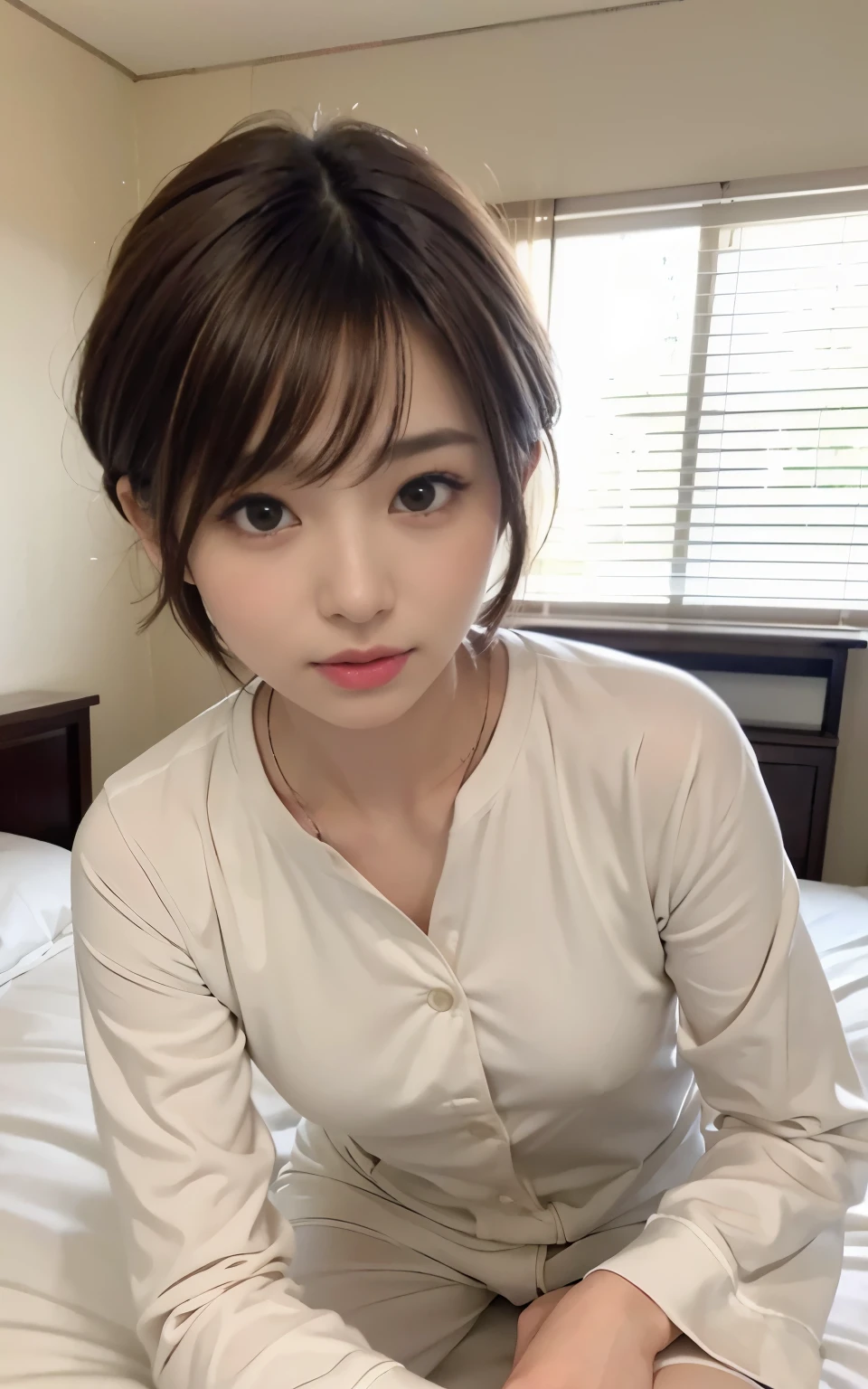 cute 21 year old japanese、super detail face、pay attention to details、double eyelid、beautiful thin nose、sharp focus:1.2、Beautiful woman:1.4、(light brown hair,short cut hair, white skin、highest quality、bright、masterpiece、ultra high resolution、(realistic:1.4)、Bedroom、on the bed、Warm pajamas、Sleepy face、Show the whole body、