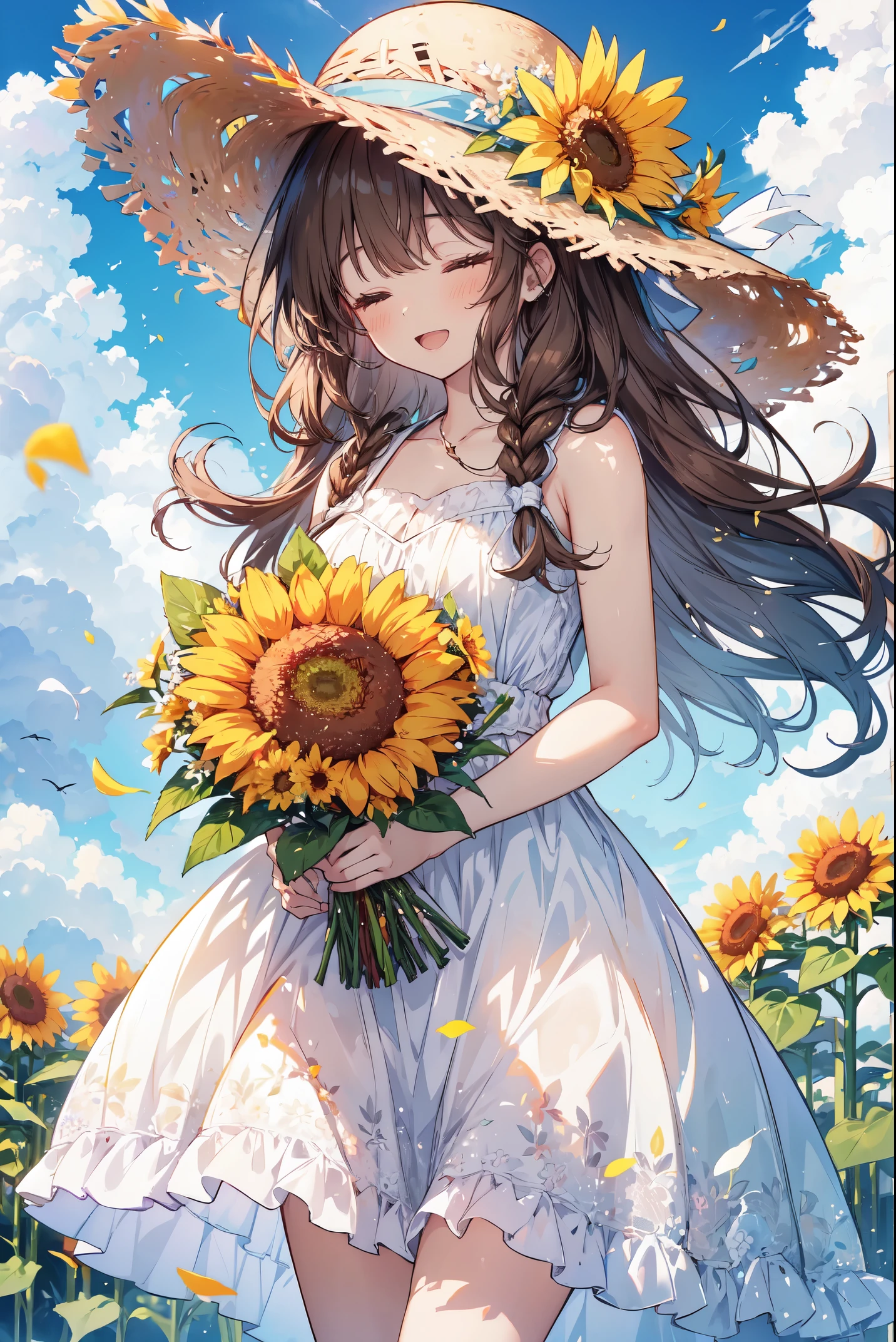 a woman wearing a hat holding a bouquet of flowers walking in front of a background of bright yellow flowers with grass in the background, 1girl, hat, solo, dress, closed eyes, long hair, flower, smile, sky, braid, straw hat, open mouth, white dress, bouquet, brown hair, holding, petals, outdoors, twin braids, cloud, facing viewer, yellow flower, blue sky, sunflower