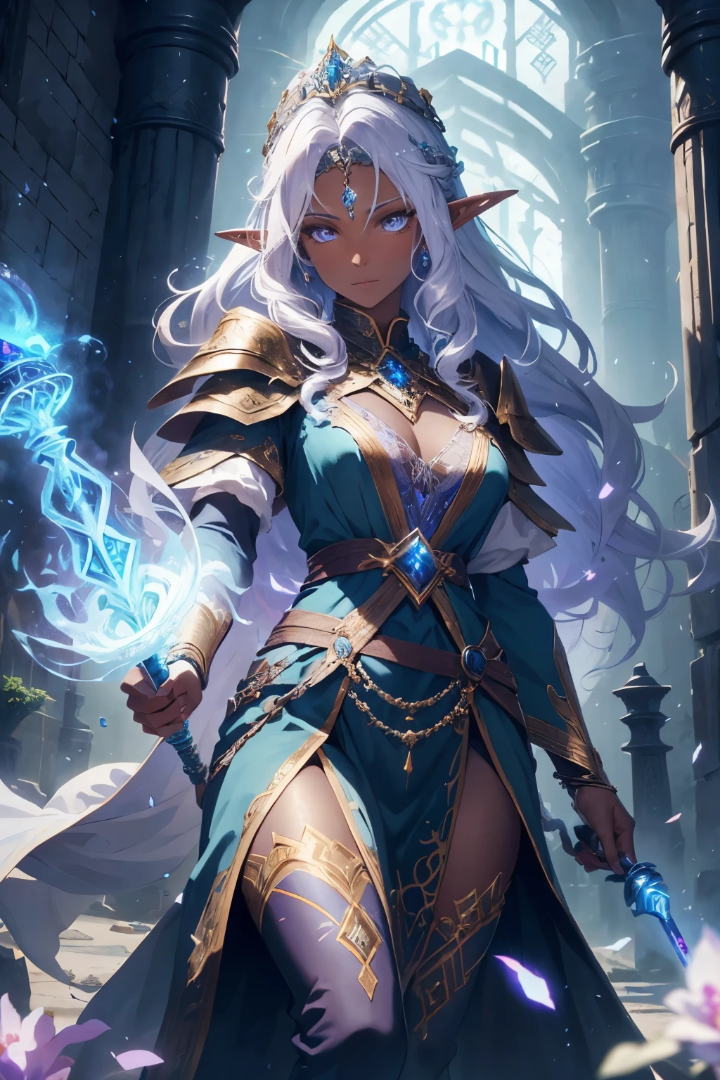 In the realm of epic RPG adventures, behold the awe-inspiring depiction of a fearless and formidable female cleric. Her dark skin radiates with an ethereal glow, beautifully complementing her meticulously braided afro hair. With her small eyes gleaming with wisdom, she embodies the grace and strength of an elf warrior. Crowned with a silver tiara adorned with a shining blue stone in the center, she exudes an aura of divine power. In her hand, she holds a magical healing scepter, a symbol of her ability to mend wounds and restore hope. Her priest outfit, fashioned with intricate details and made of delicate fabrics, evokes a sense of purity and devotion. The light outfit, adorned with pastel shades of blue, harmon