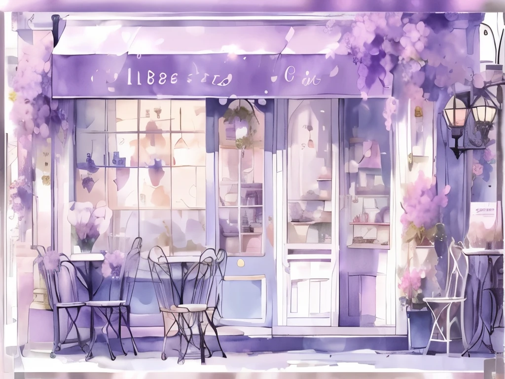 Florist purple and white,Equipped with table and chairs, cozy coffee shop background, violet theme, violet theme, cute bakery shop, purple aethetic, anime background art, coffee shop, soft lilac skies, Watercolor illustration style, by Shitao, background art, purple tint, Purple tone, lilacs, purple color-theme, flower shop scene