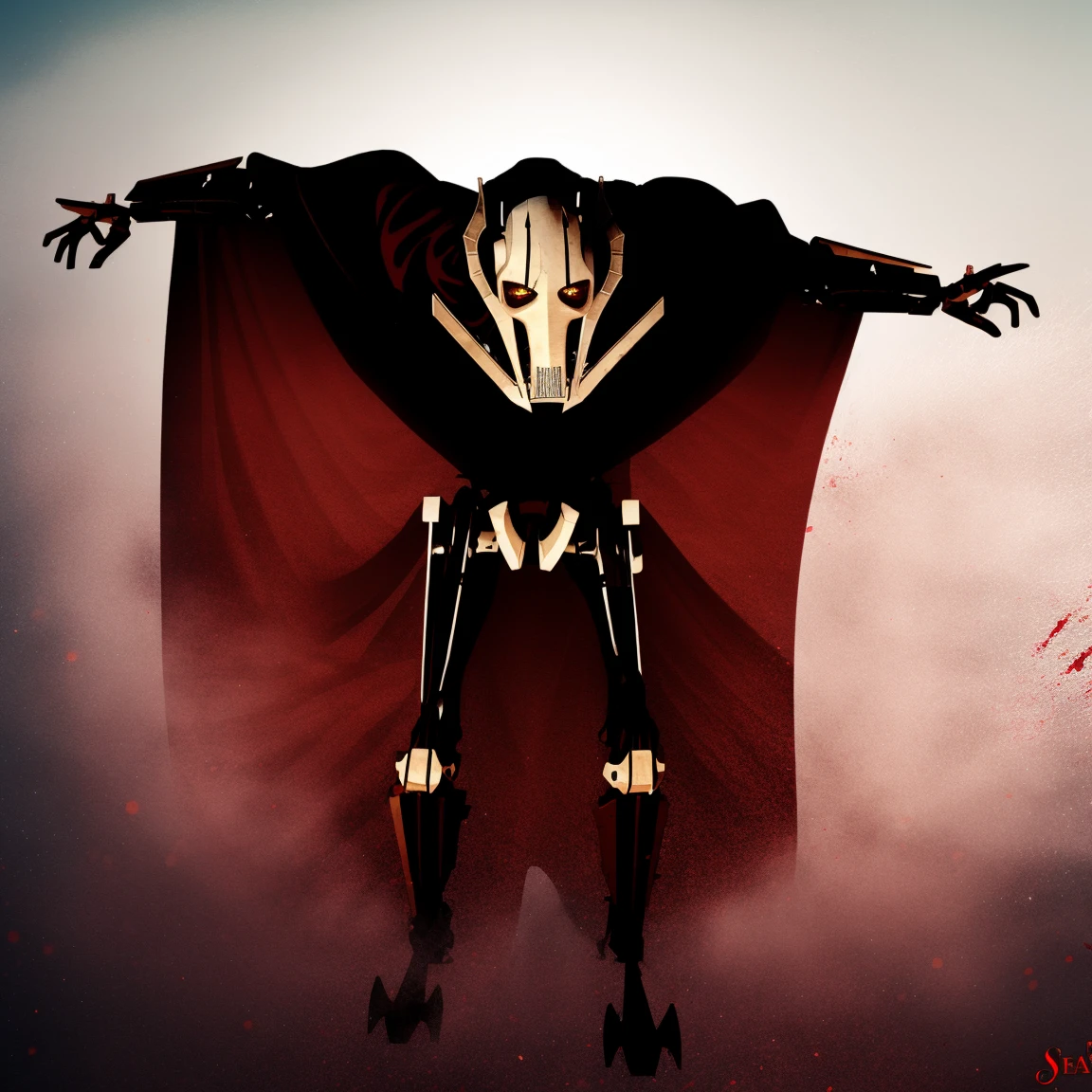 General Grievous, black cape, terrifying, tall, shadows, shading, slender, horrifying pose, dark alley, bloody, dark, looking at you, horror, blood on body, red stains, horrific, disturbing