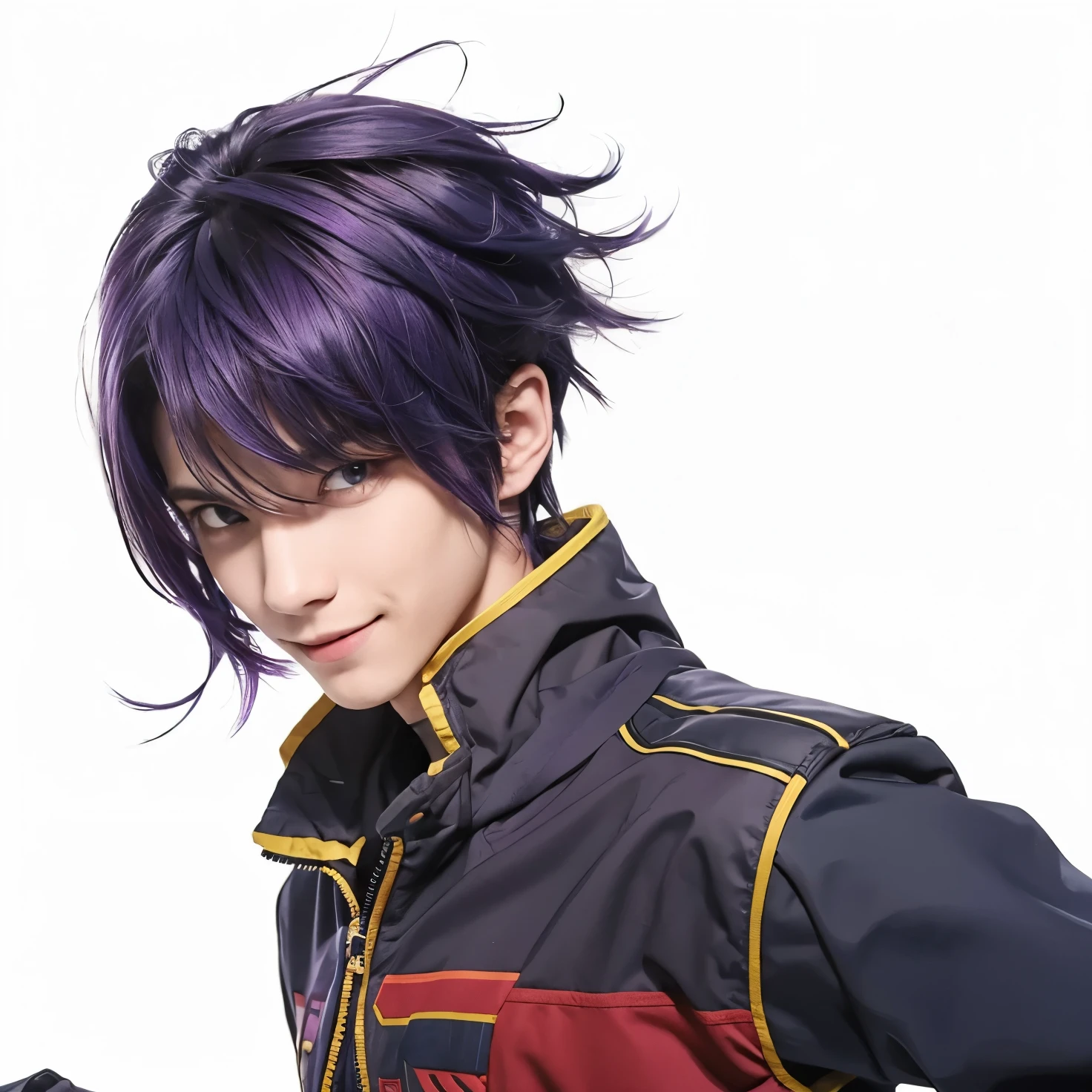 A boy with realistic purple hair, (same realistic hairstyle), realistic handsome face, realistic cool smiling expression, adapt the same realistic clothes,realistic light, realistic shadows, realistic background, good image quality, maximum image results, ultra realistic