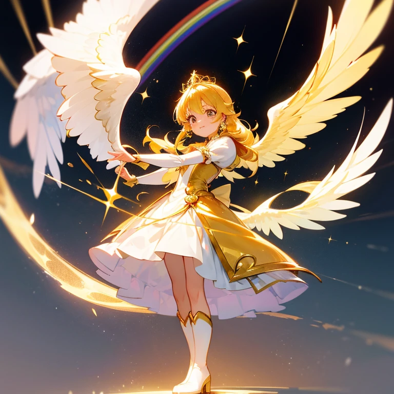 18-year-old,1 female,human,solo,Precure,anime,magic少女,大magic使い,Lightの戦士,Lightの使者,gold colorの瞳,big, sparkly eyes,well-groomed face,blonde,smooth long hair,黄金にLightる髪,fluffy bangs,gold tiara,ウォームカラーのrainbow jewelがついたgold colorのリボン,Simple costumes,Pure white clothes with warm colors,Maru sleeve,Fluffy, voluminous white miniskirt,Pure white long boots with warm colors,warm color white arm cover,gold colorのイヤリング,A pair of large pure white angel wings on the back,tall,cute,beautiful,gold colorの色合い,warm color,yellow,gold color,Champagne Gold,bright白色,Soft,gentle smile,Grown-up,warm,kind,bright,mysterious,magic,White dove,justice,Light,shining,Bright,kindプリンセス,金色のPrecure,yellowのPrecure,白いPrecure,great power,goddess,royal,rainbow jewel,opal,gem,topaz,prism,strong,fight,guiding angel,european style,前からのLight,前Light,looking at the camera,Are standing,best quality,high resolution,high quality,no text