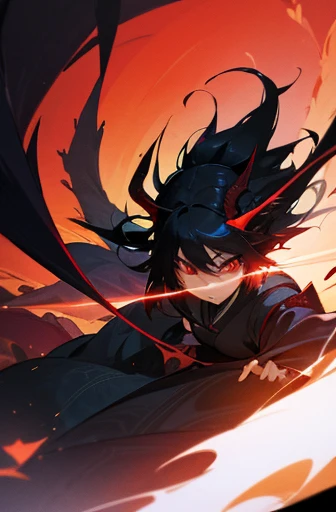 (Best quality at best, A high resolution, Japanese cartoons), (like a dream, a vibrant one), (detailed, Be expressive) dragon girl, black hair, in the dark place, Light red eyes