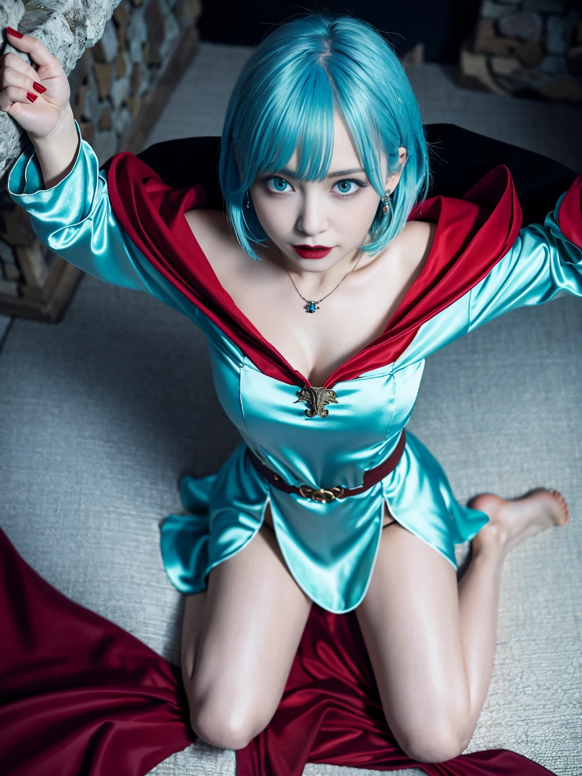 (photo realistic1.2),ultra detailed,(8K),(1girl),(Fantasy:1.5),(bed),Clothing with low sheen,(wizard costume:1.5),Enchanted Wands,Sorcerer's Spellbook,(Wizard's Hat:1.2),topless, (small nipples), (big breasts: 1.2),nude gravure, beautiful Japanese, clothes in disarray,earrings,(from above),looking at viewer,(lying down pose),(embarrassed),bust shot,((light blue hair)),(short hair),22years old,