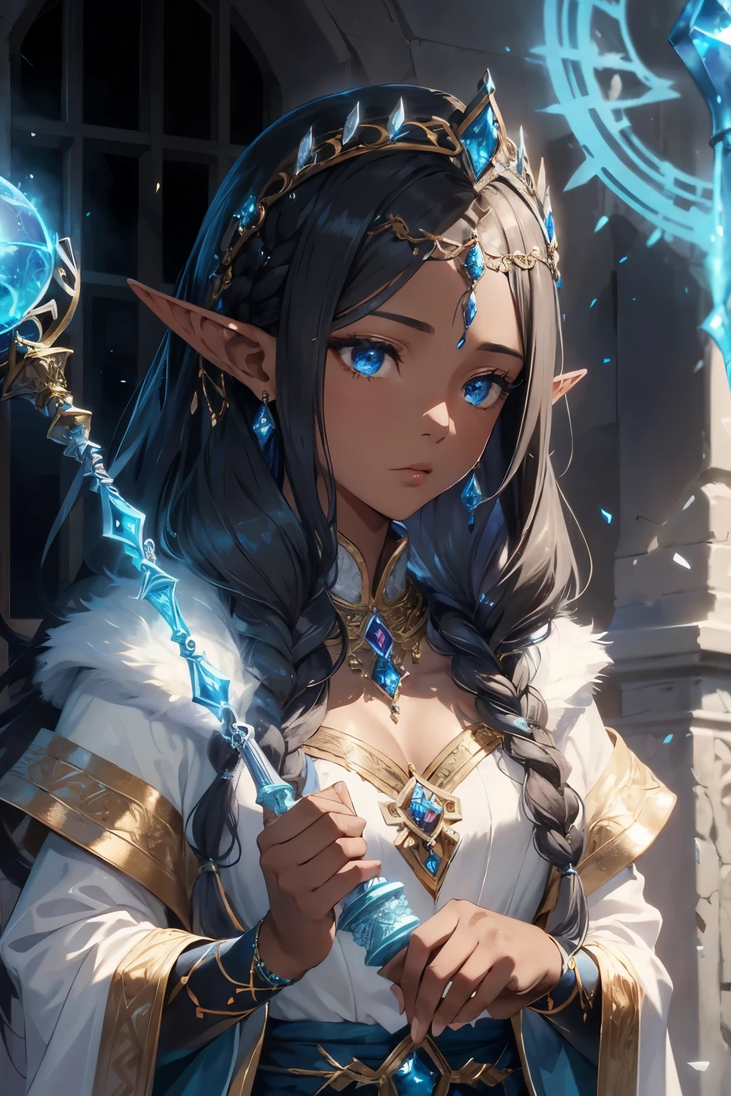 Create a top-quality masterpiece that showcases a female RPG character, a formidable cleric with dark skin and black hair. Her afro is intricately braided, accentuating her strong and confident appearance. She possesses small, captivating eyes that hold a glimmer of wisdom. As an elf, she exudes an ethereal aura. Crowned with a silver tiara adorned with a shining blue stone in the center, she emanates divine power.
In her hand, she holds a magical healing scepter, symbolizing her ability to mend wounds and bring hope to those in need. Her priest outfit, a light-colored ensemble featuring pastel blues, perfectly complements her serene and compassionate nature. A gold chain gracefully adorns her neck, signifying her dedication