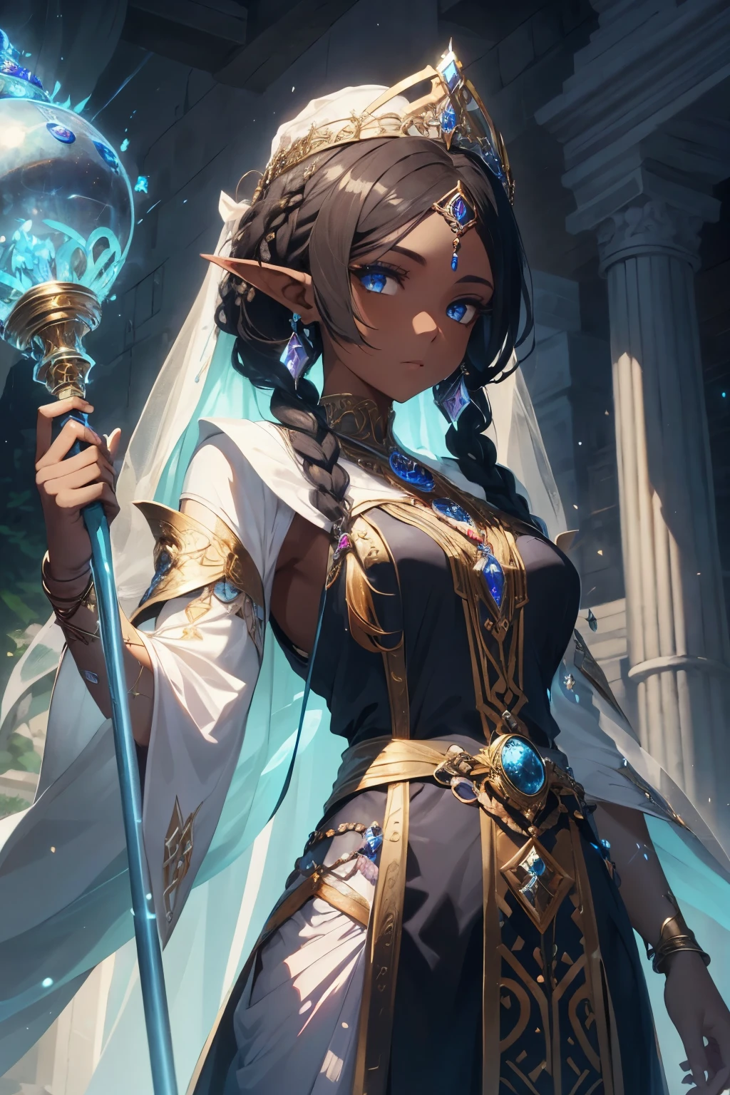 Create a top-quality masterpiece that showcases a female RPG character, a formidable cleric with dark skin and black hair. Her afro is intricately braided, accentuating her strong and confident appearance. She possesses small, captivating eyes that hold a glimmer of wisdom. As an elf, she exudes an ethereal aura. Crowned with a silver tiara adorned with a shining blue stone in the center, she emanates divine power.
In her hand, she holds a magical healing scepter, symbolizing her ability to mend wounds and bring hope to those in need. Her priest outfit, a light-colored ensemble featuring pastel blues, perfectly complements her serene and compassionate nature. A gold chain gracefully adorns her neck, signifying her dedication