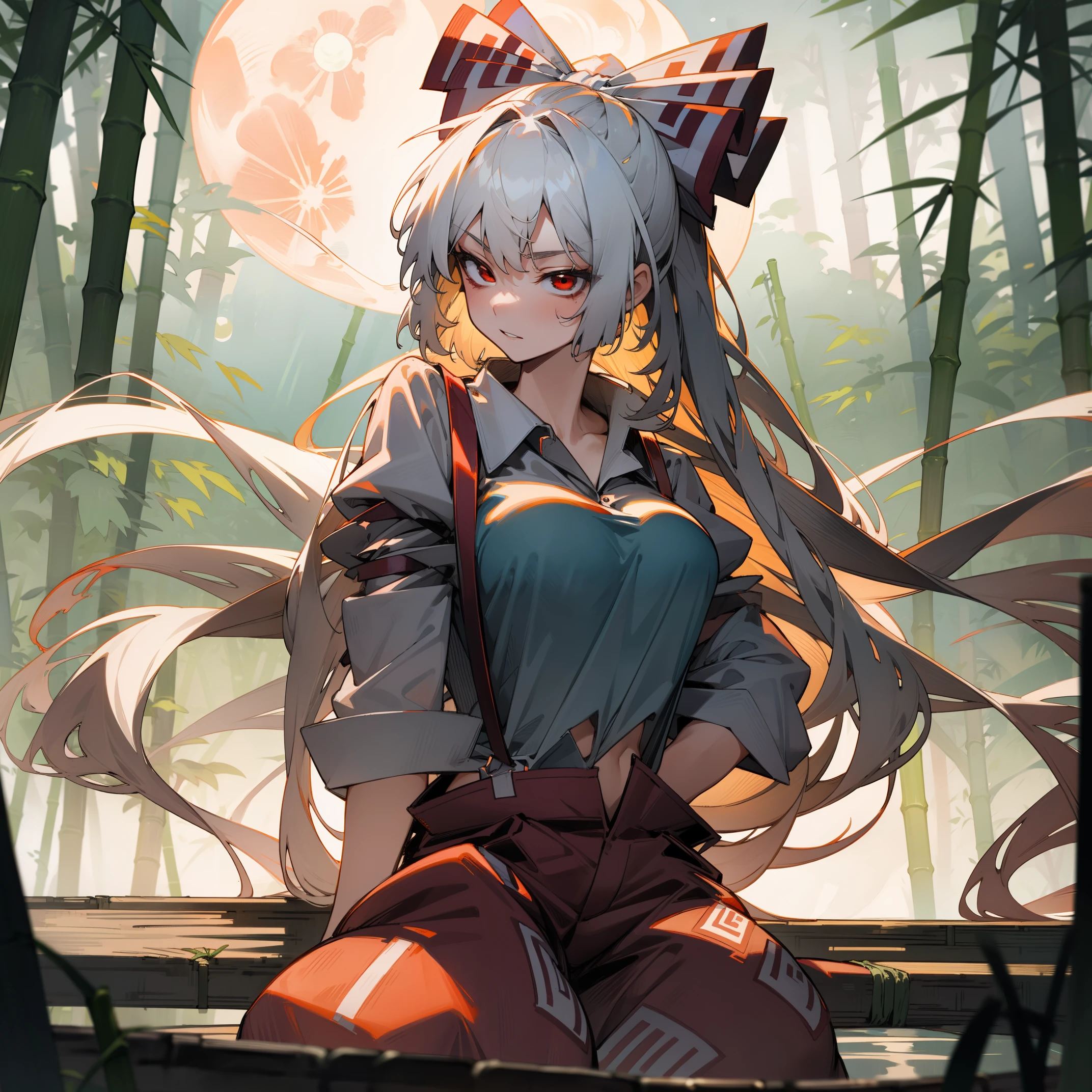 Fujiwara no Mokou(from Touhou) in bamboo forest. She has big tits. She has white hair, red eyes. She's wearing a white shirt, sit, night, moon, hair ribbons, perfect anatomy