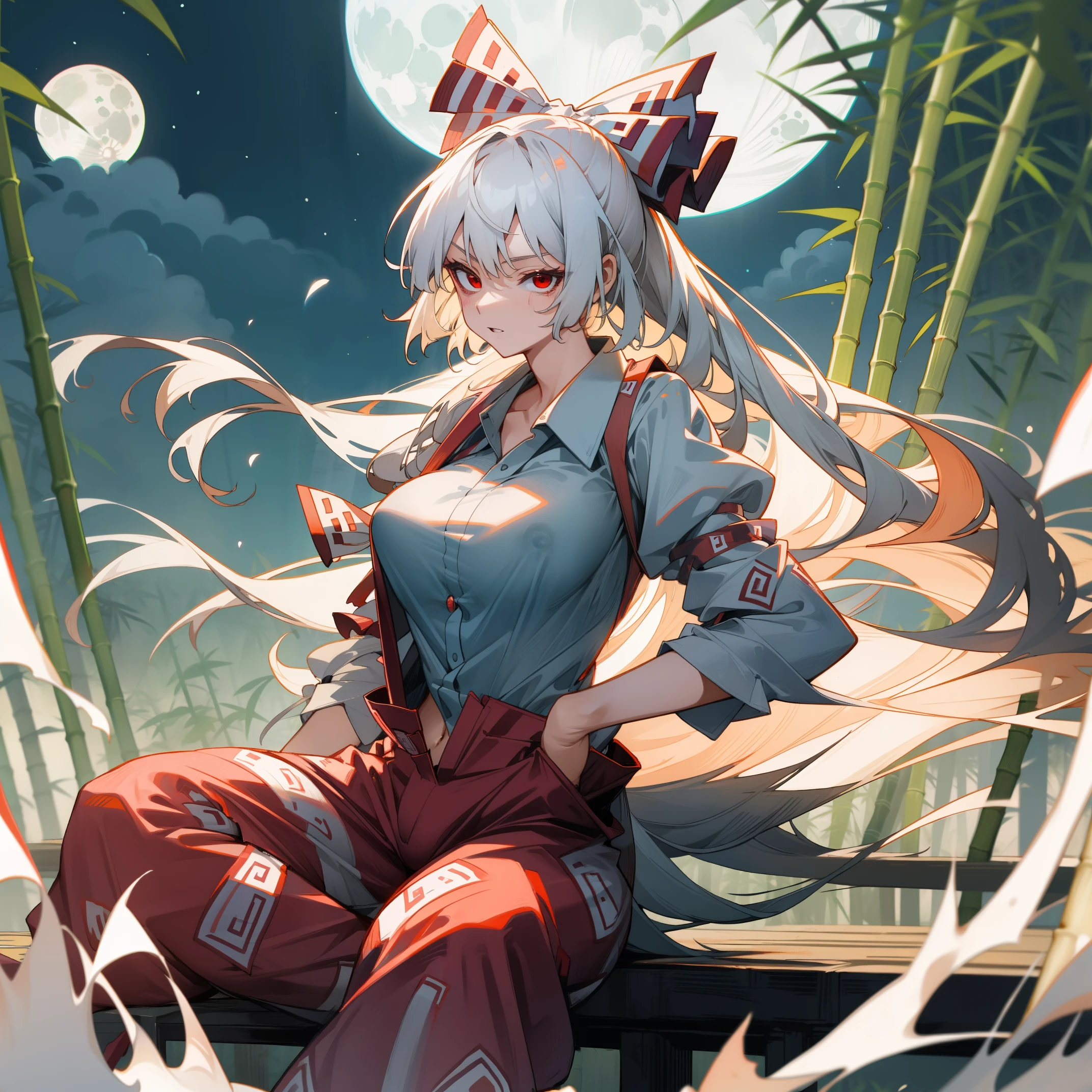 Fujiwara no Mokou(from Touhou) in bamboo forest. She has big tits. She has white hair, red eyes. She's wearing a white shirt, sit, night, moon, hair ribbons, perfect anatomy