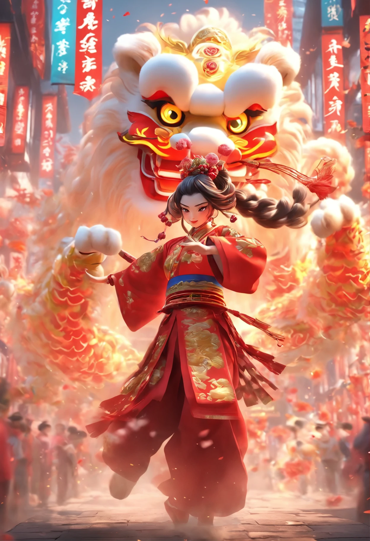 China-style,Guangzhou lion dance girl,highly detailed surreal vfx,Smudge,Faraway view,super-fine,ultra - detailed,high qulity,8K ,oc rendered,full body pov