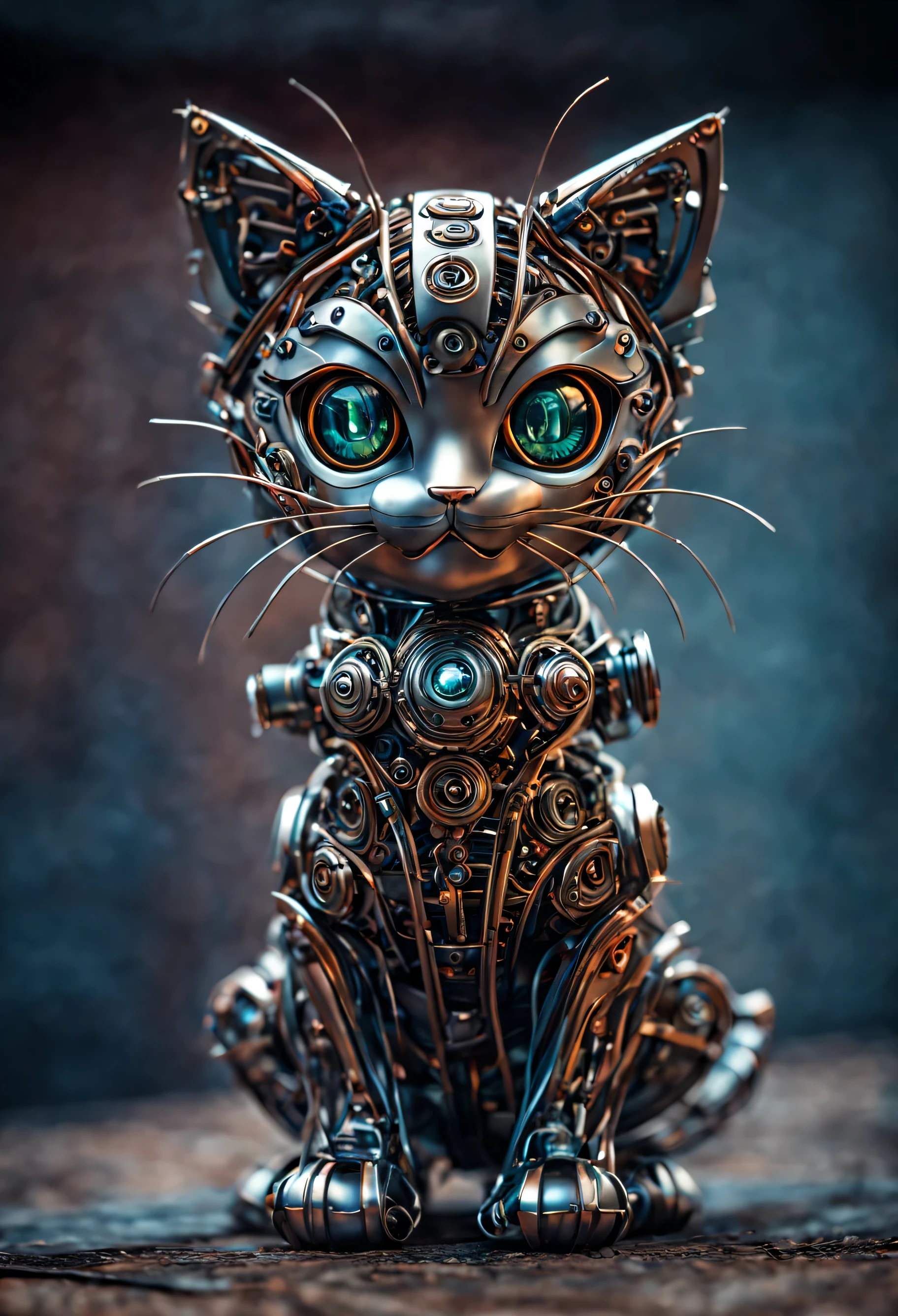 cute kitty made of metal, (cyborg:1.1), ([tail | detailed wire] :1.3), (intricate detail), HDR, (intricate detail, hyper-detailed:1.2), cinematic shot, vignette, centered