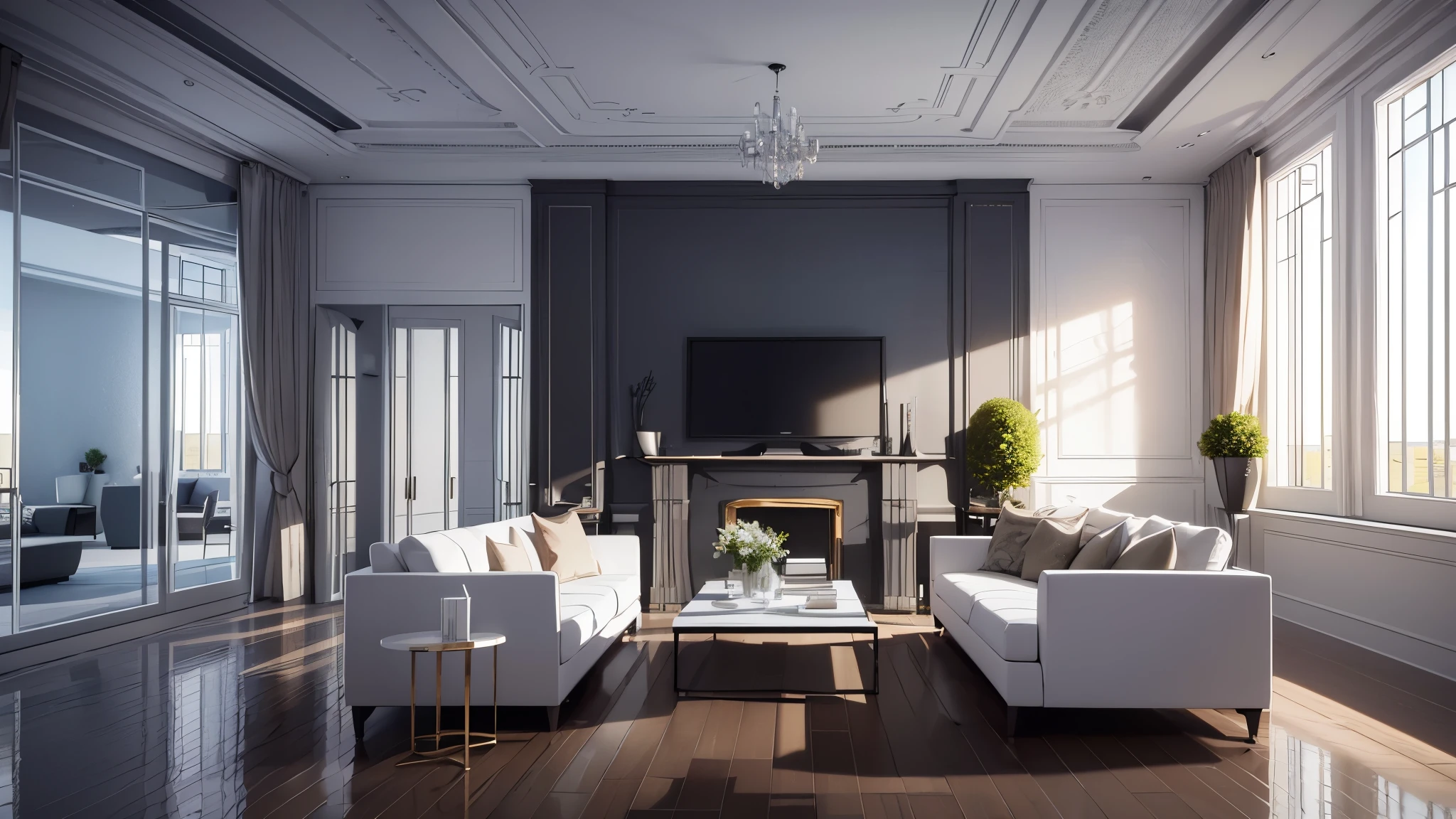 You are a famous interior designer、You have been asked to create a 3D image of a modern large room. Create a harmonious environment with modern and minimalist furniture. Including garden interior.