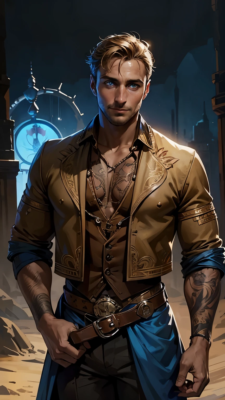 fantasy circus, a young attractive man, brush cut, blue eyes, tan skin, smiley face, slight unshaven, looks like Matthias Schoenaerts in film Far from the Madding Crowd, cowboy clothes, many black tattoo on hands, circus background, he is an illusionist and mage, ager, cowboy style in clothes, Western fantasy style