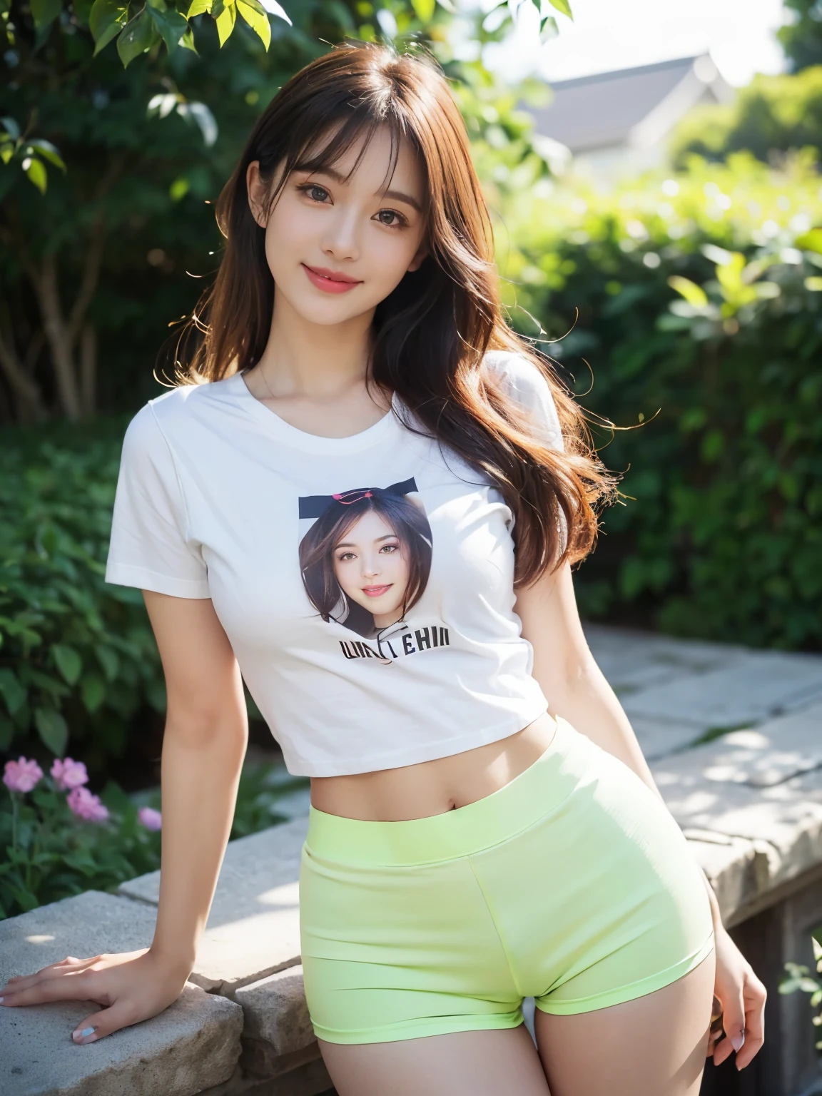 ((((highest quality))))、(((Ultra-precision CG16K wallpaper)))、(((masterpiece)))、(((Super detailed)))、(((super extreme details)))、1people's women、mature woman、25 year old woman、((Japanese face))、((very beautiful face))、((Tanaka Minami:1.5))、((Soft wave semi-long hair:1.3))、(shiny hair)、bangs up to eyebrows、beautiful brown hair、beautiful delicate eyes、brown eyes、raised eyebrows、high nose、small nostrils、small mouth、seductive lips、mouth slightly open、beautiful breasts、C cup size breasts、cleavage、plump body、perfect proportions、perfect anatomy、perfect composition、beautiful detailed shading、beautiful natural lighting、beautiful detail glow、Depth of bounds written、(((High chroma)))、(((real:1.9)))、((vivid:1.4))、((beautiful skin))、((skin texture))、((realな皮膚感))、(((head to thigh shot:1.5)))、((Angle seen from the front:1.5))、((smile:1.4))、(Eyes looking at me:1.4)、bright sunshine、(((garden:1.3)))、(standing pose:1.5)、(((Wearing a crop T-shirt:1.5)))、(((Wearing tight shorts:1.5)))、